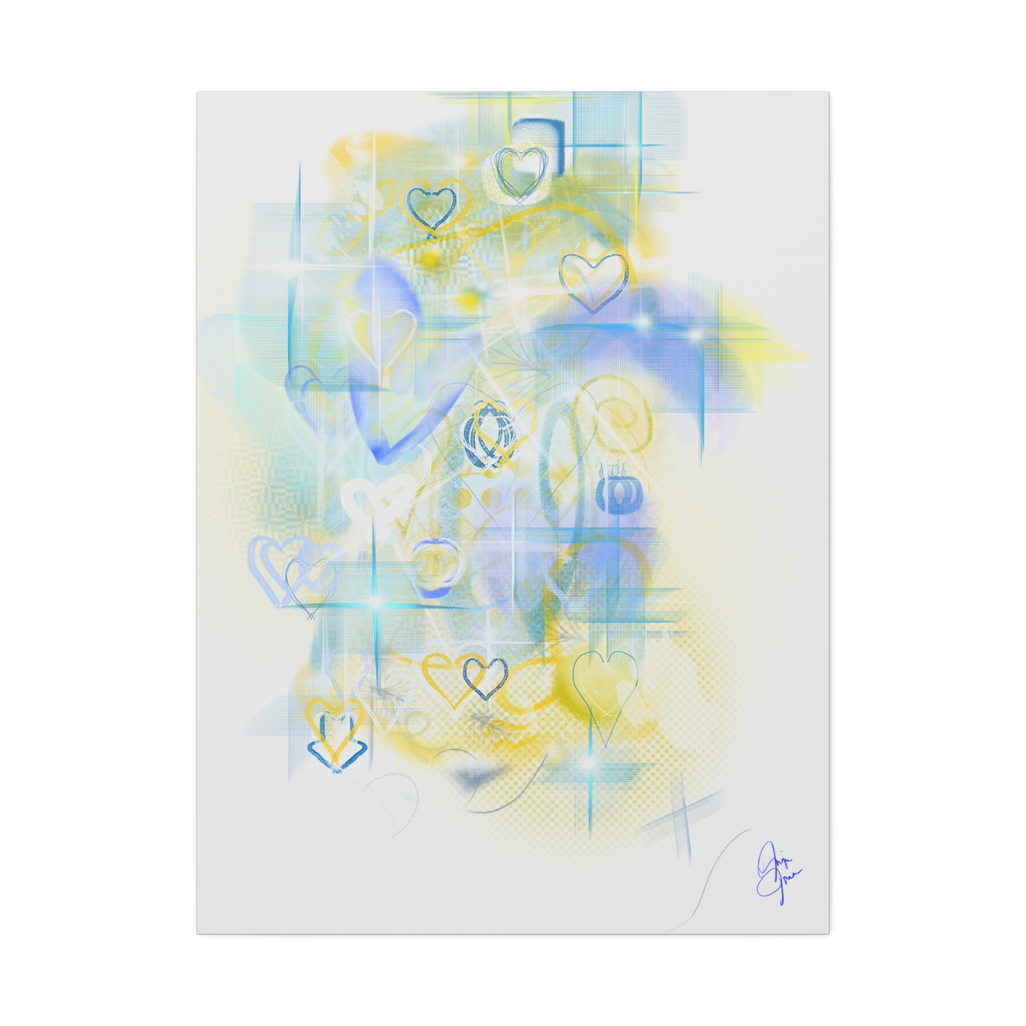 Pastel Heart Abstract Canvas Print — Blue & Yellow Stretched Wall Art (1.5")