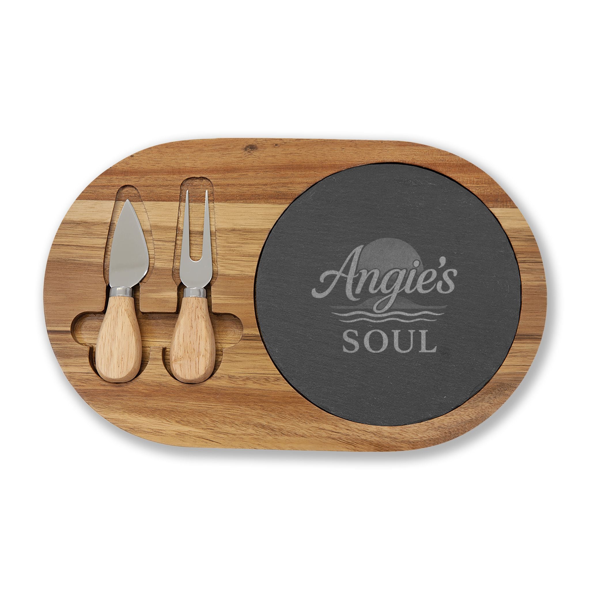 Engraved Acacia Charcuterie Board with Slate Insert & Cheese Knives — Personalized 'Angie's Soul' Design
