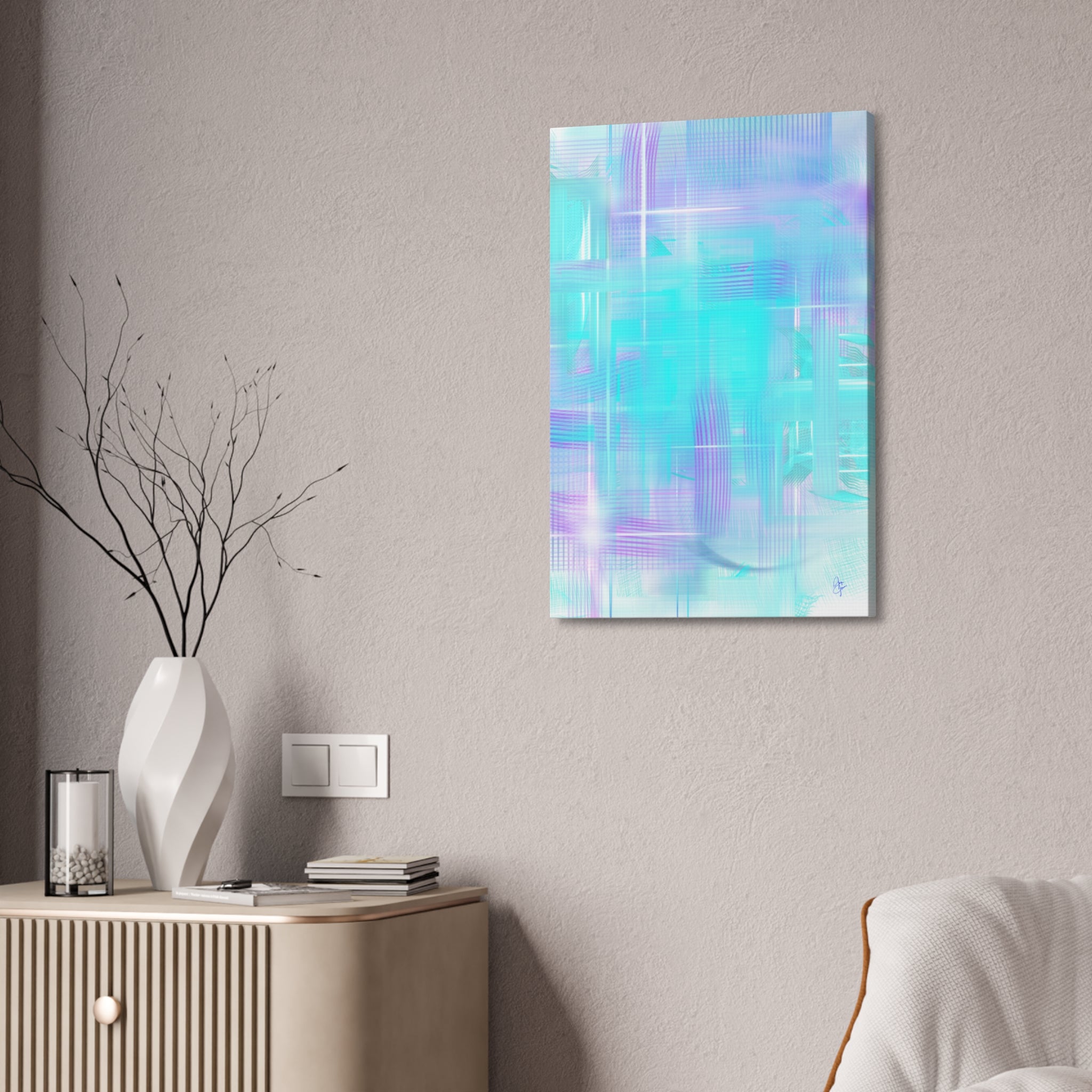 Abstract Aqua Pastel Canvas Art - Turquoise & Lavender Modern Wall Decor (1.5" Stretched)