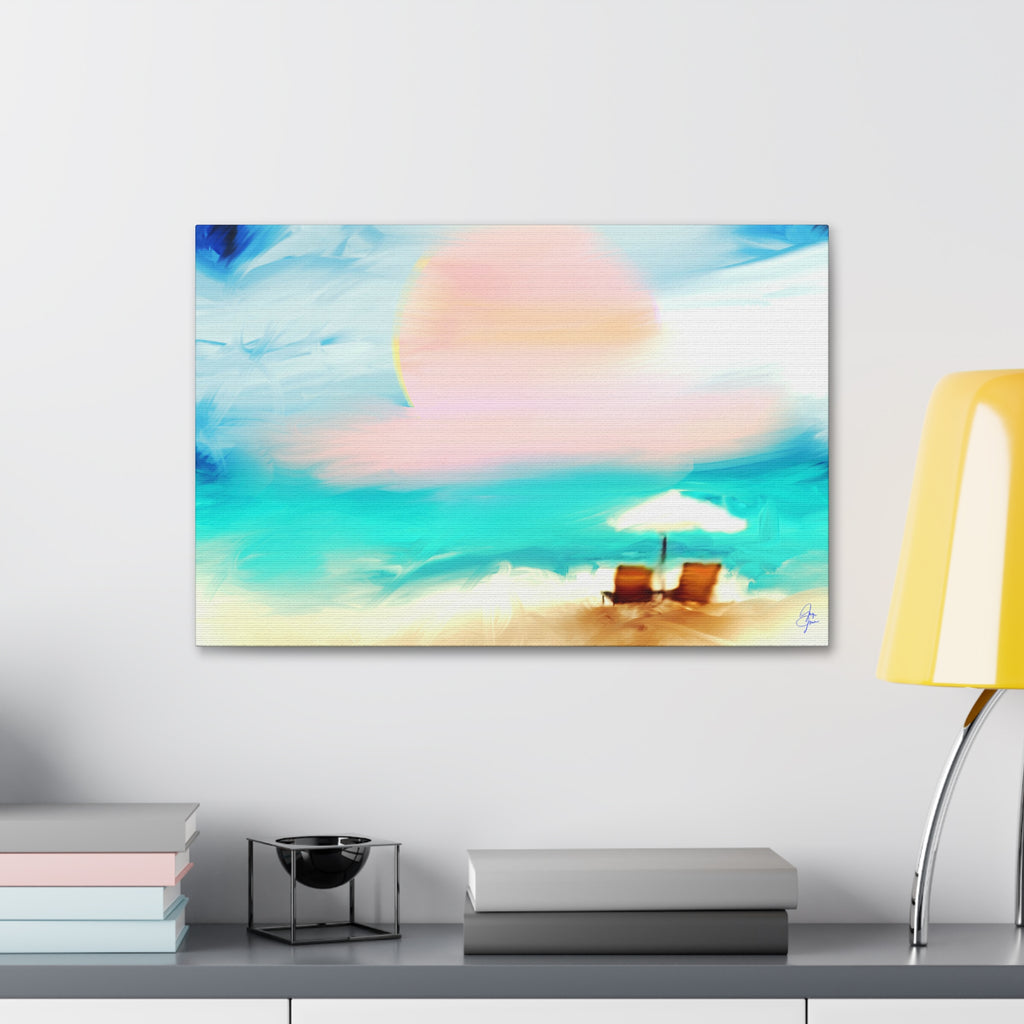 Beach Sunset Canvas Wall Art — Tropical Chairs & Umbrella Stretched Canvas