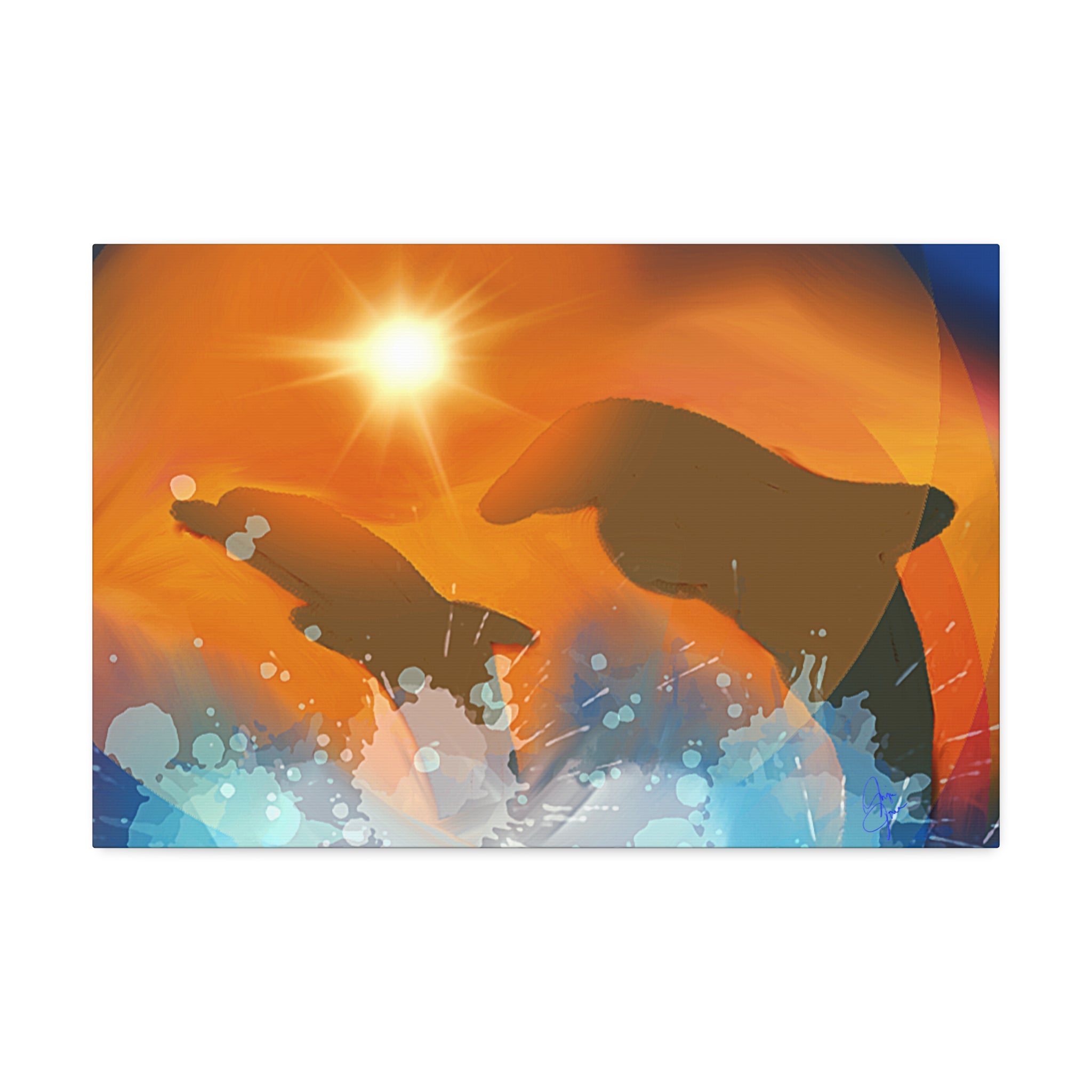 Sunset Dolphin Canvas Wall Art — Vibrant Ocean Sunset Stretch Canvas