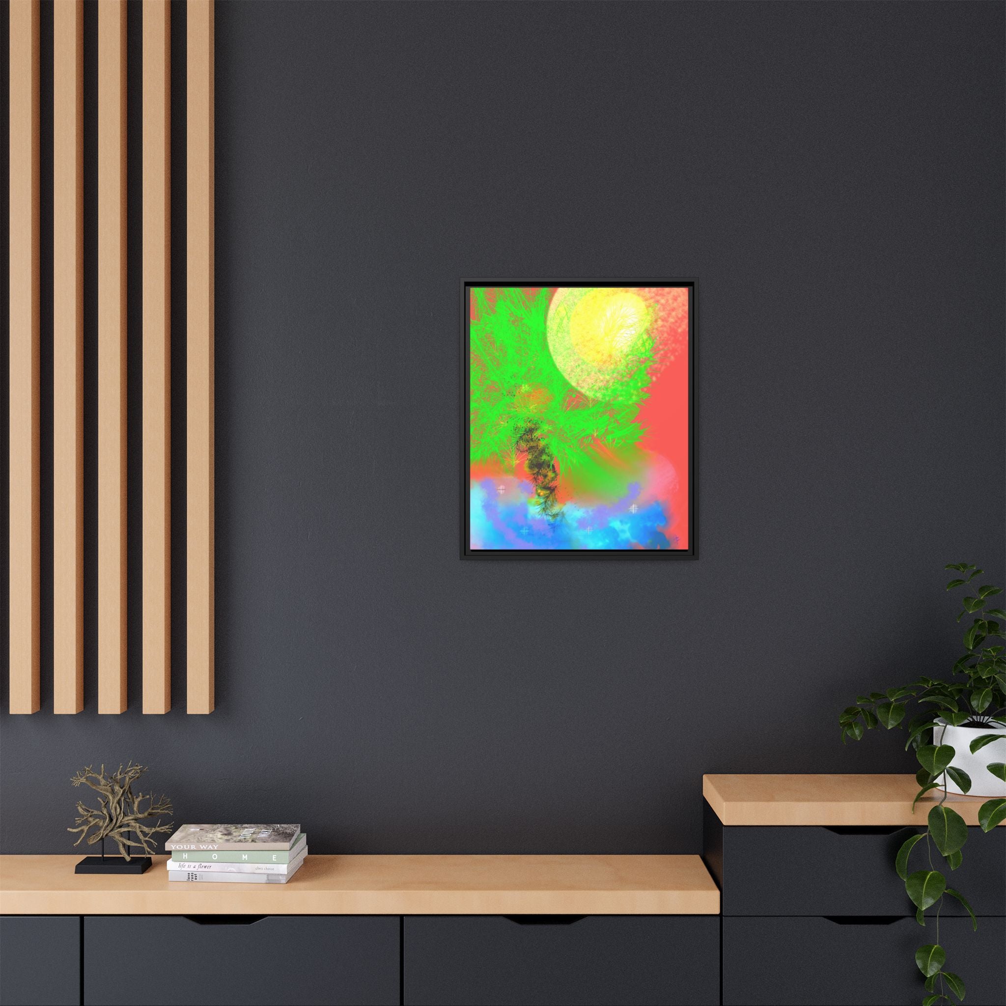 Abstract Neon Tree Matte Canvas Framed Art — Vibrant Green Moon Landscape