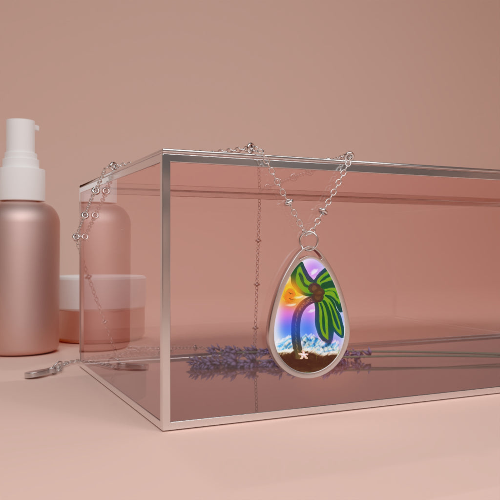 Tear Drop Necklace — Tropical Palm Beach Sunset Oval Pendant