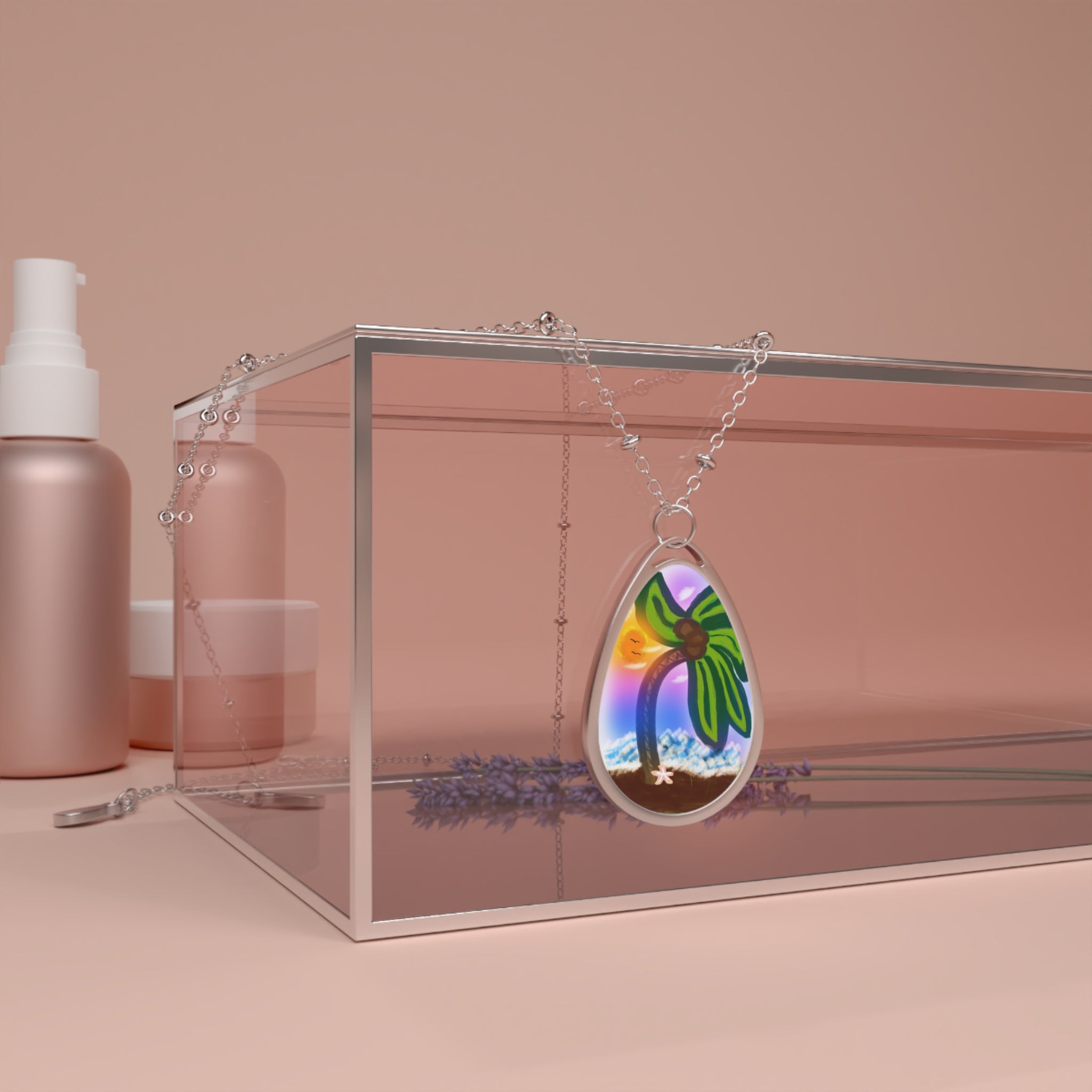 Tear Drop Necklace — Tropical Palm Beach Sunset Oval Pendant