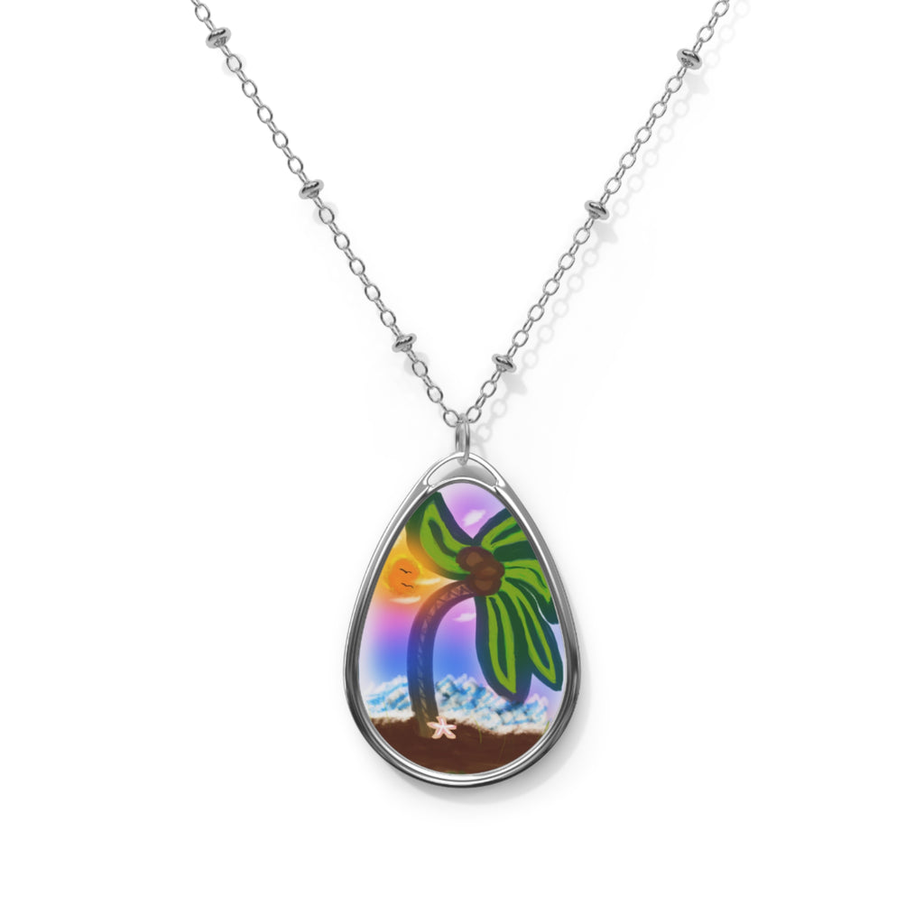 Tear Drop Necklace — Tropical Palm Beach Sunset Oval Pendant