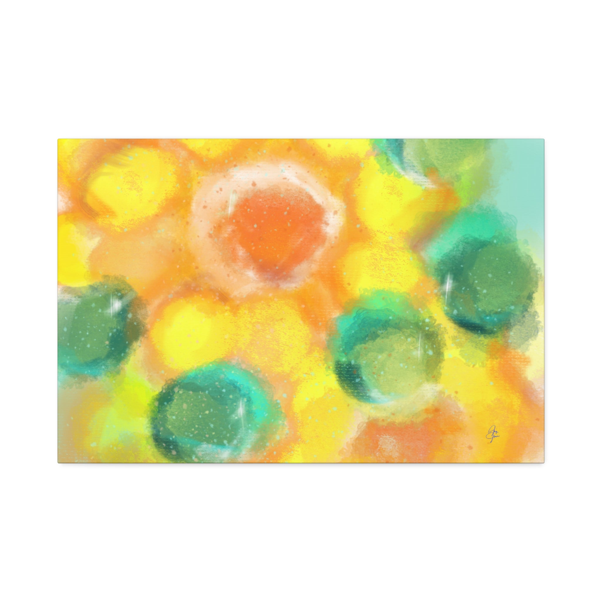 Abstract Sunshine Circles Canvas Art – Vibrant Yellow & Teal Stretched Wall Decor