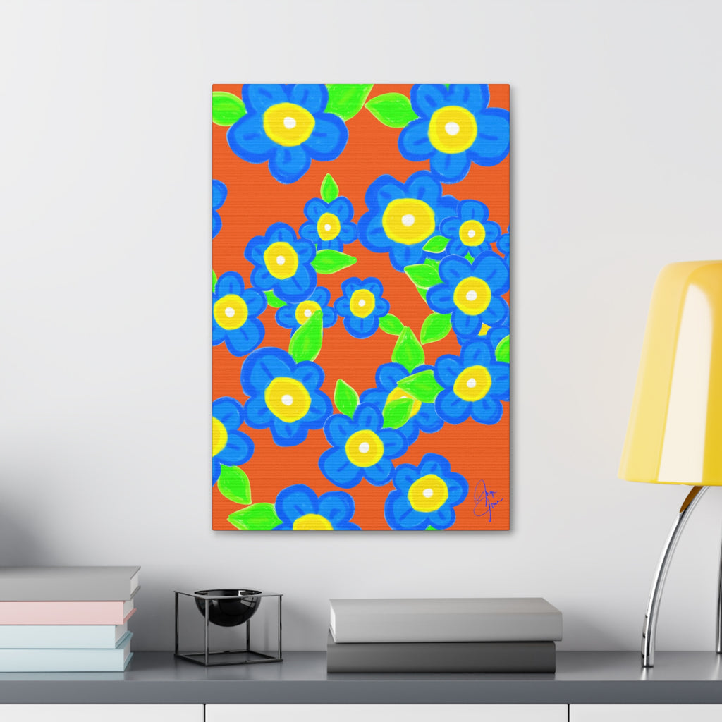 Blue Floral Canvas Wall Art — Bright Hand-Drawn Flowers on Mustard Background