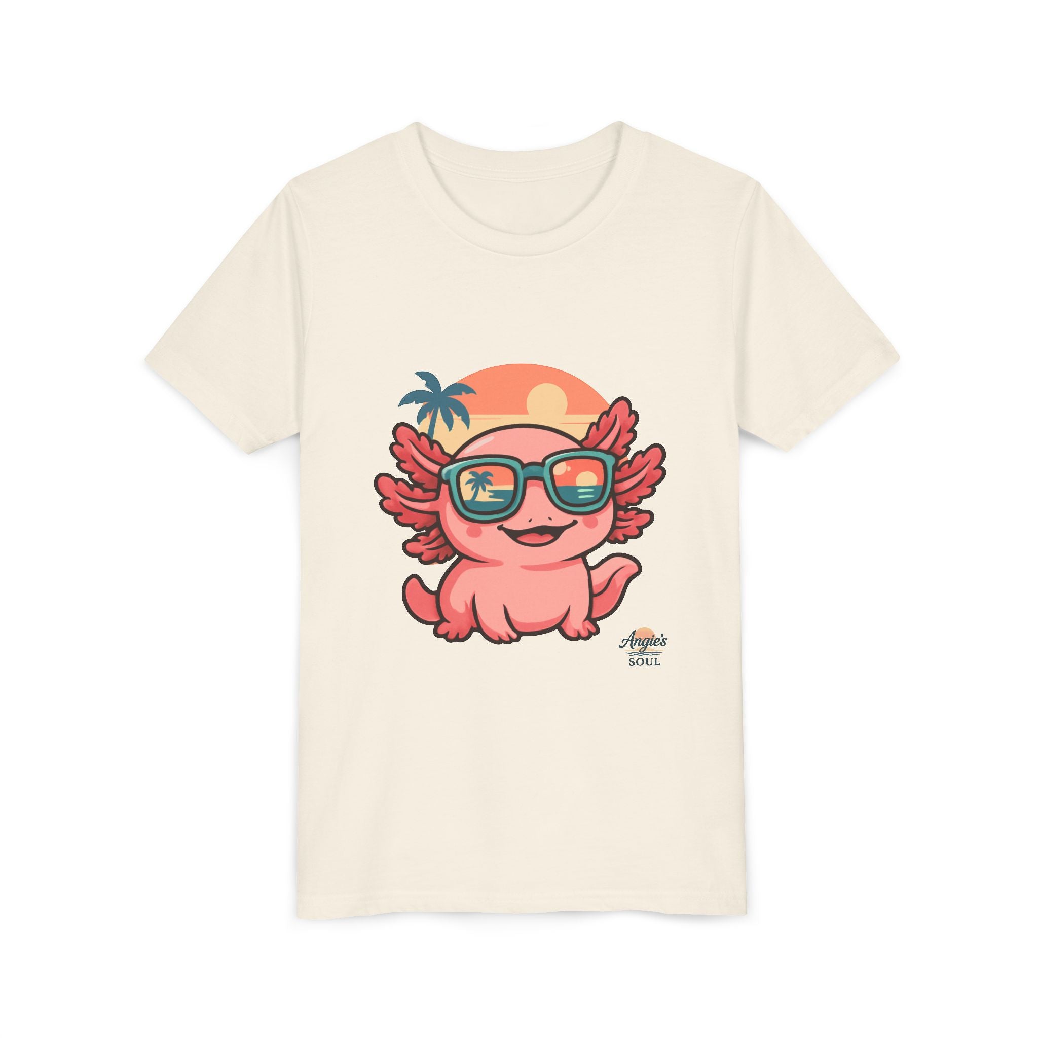 Axolotl Sunset Kids Tee — Cute Sunglasses Beach Axolotl Youth T-Shirt