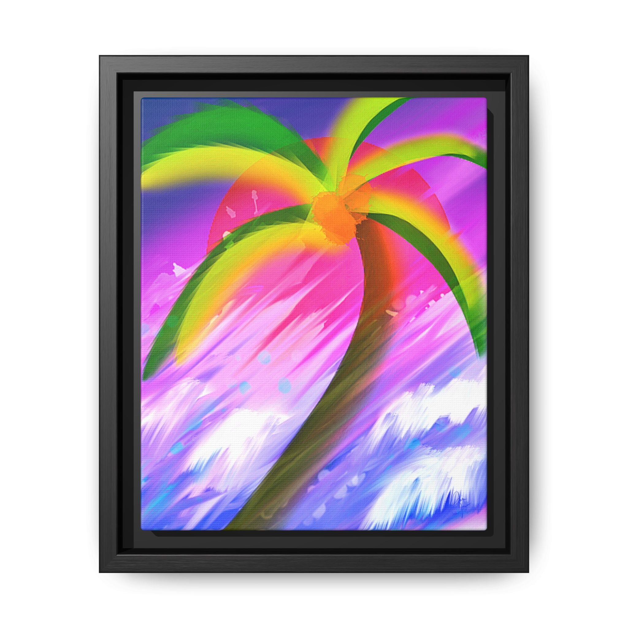 Framed Matte Canvas Print — Neon Palm Beach Art
