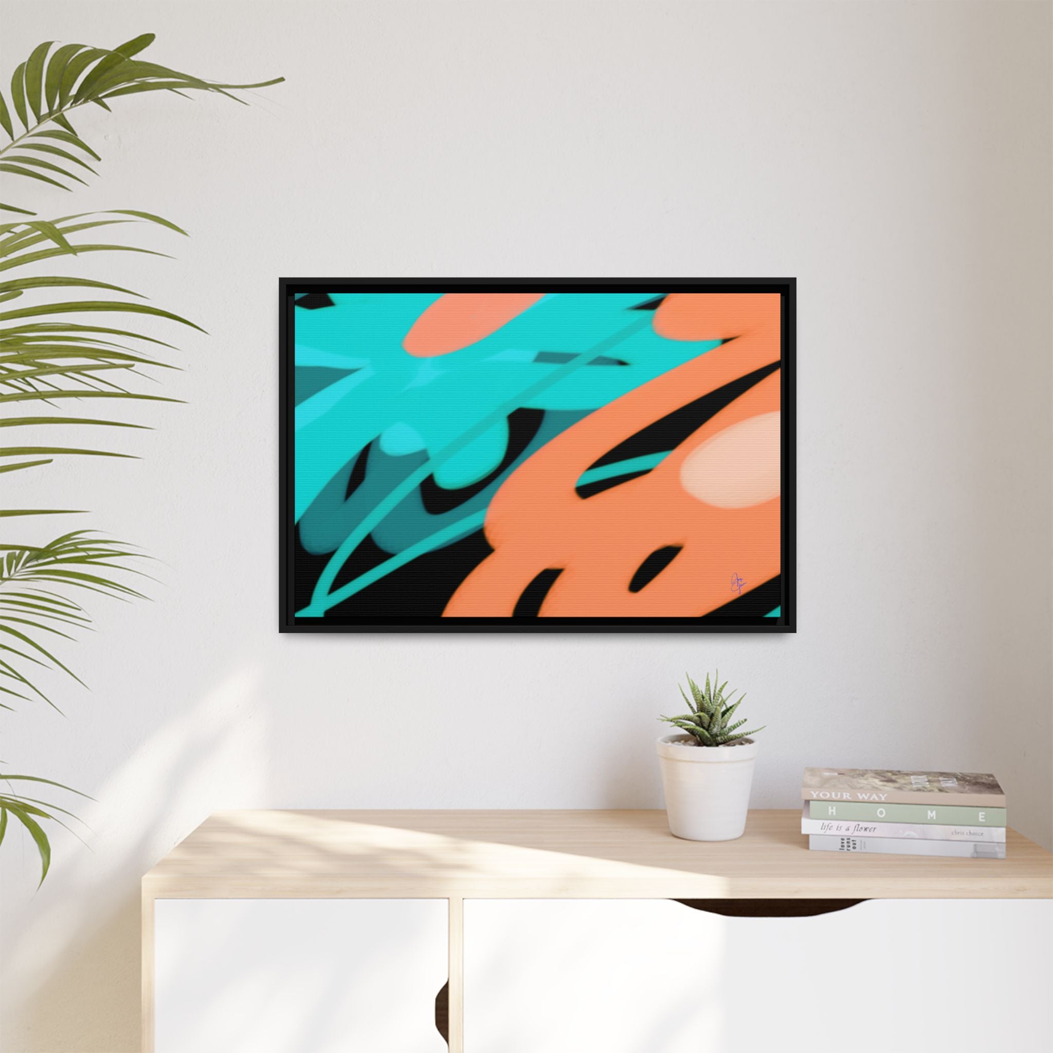 Abstract Teal & Coral Splash Framed Canvas