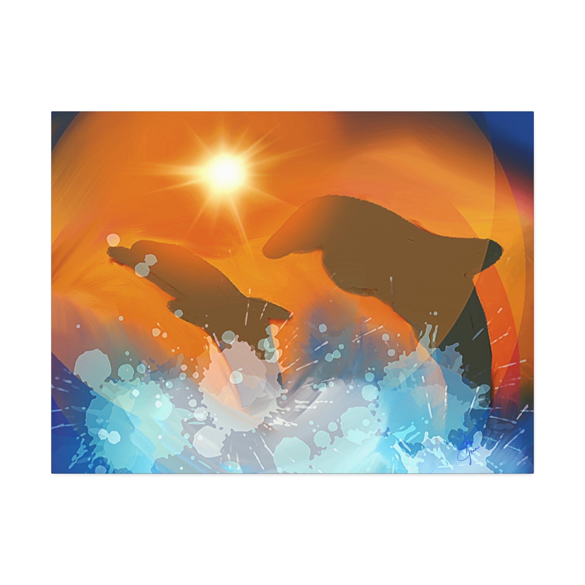 Sunset Dolphin Canvas Wall Art — Vibrant Ocean Sunset Stretch Canvas