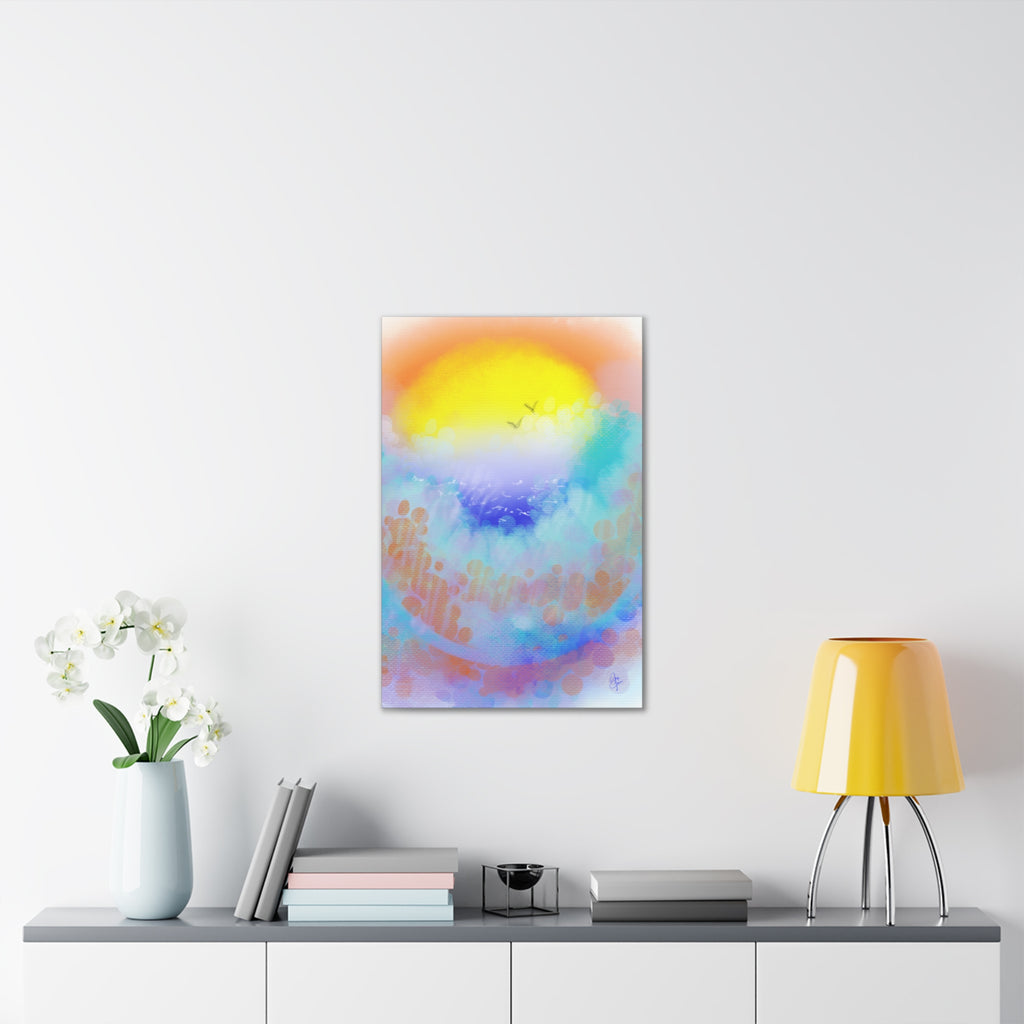 Sunrise Seascape Canvas Wall Art – Pastel Ocean Waves with Birds
