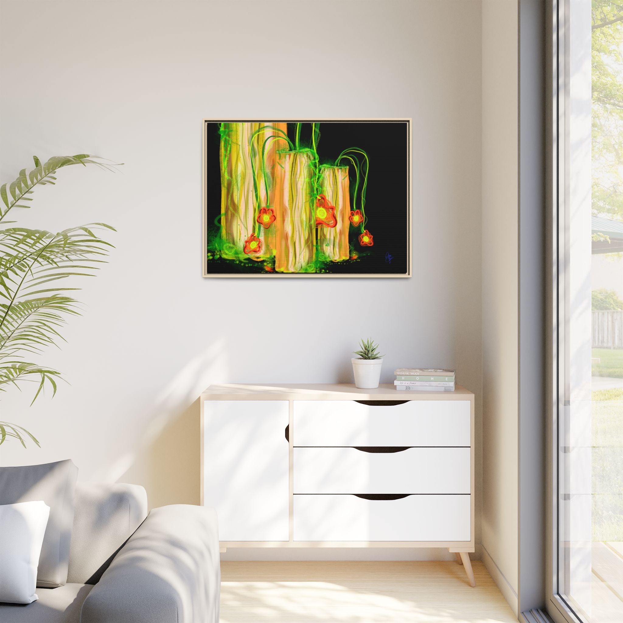 Framed Matte Canvas Print — Neon Floral Candlelight Art