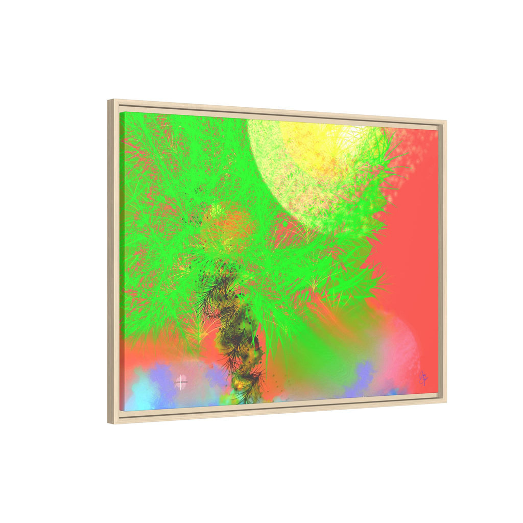 Abstract Neon Tree Matte Canvas Framed Art — Vibrant Green Moon Landscape