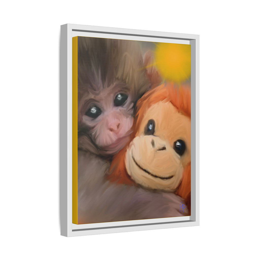 Framed Matte Canvas Print — Baby Monkey & Plush Orangutan Wall Art