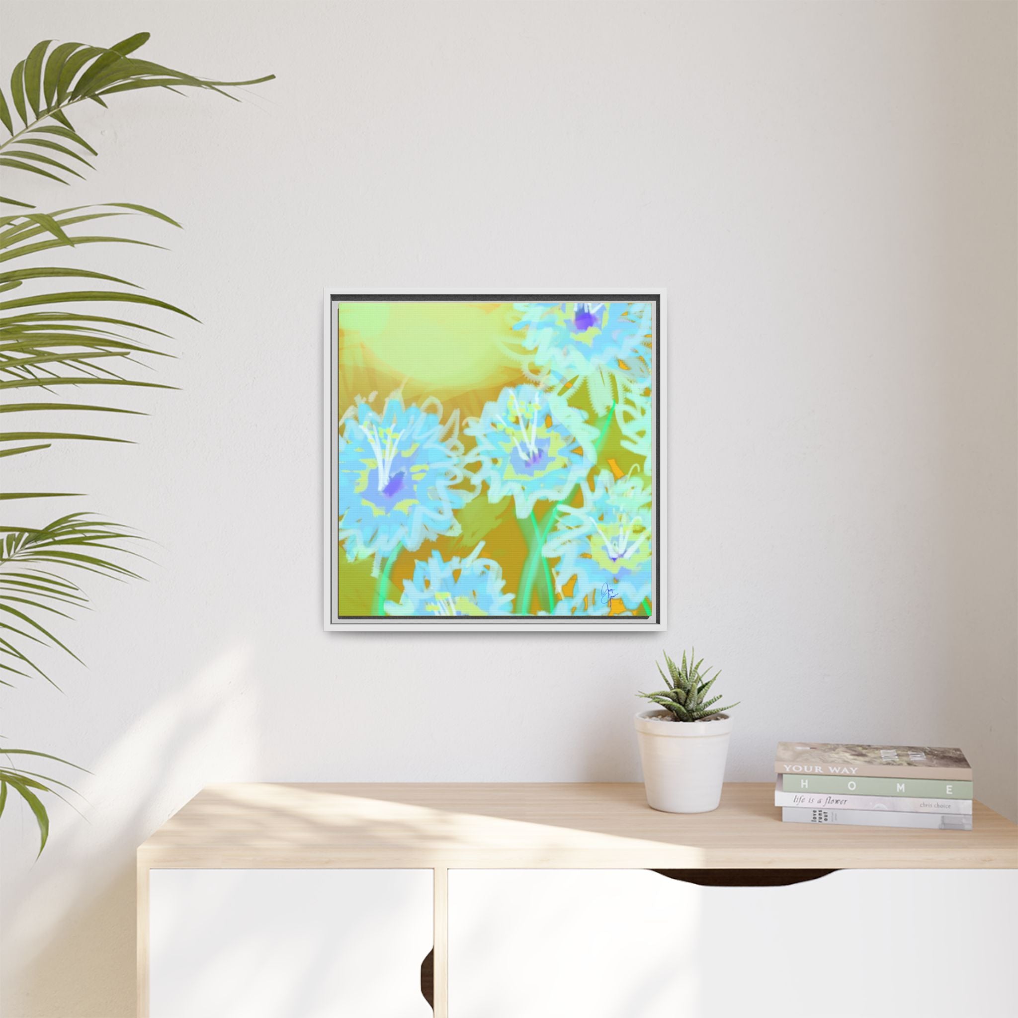 Framed Floral Canvas Art — Blue & Yellow Abstract Bouquet (Matte)