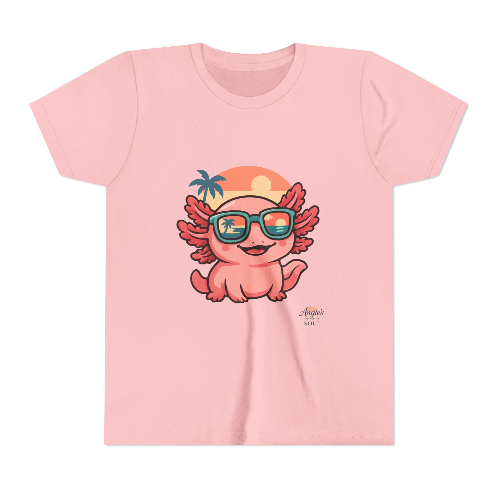 Axolotl Sunset Kids Tee — Cute Sunglasses Beach Axolotl Youth T-Shirt