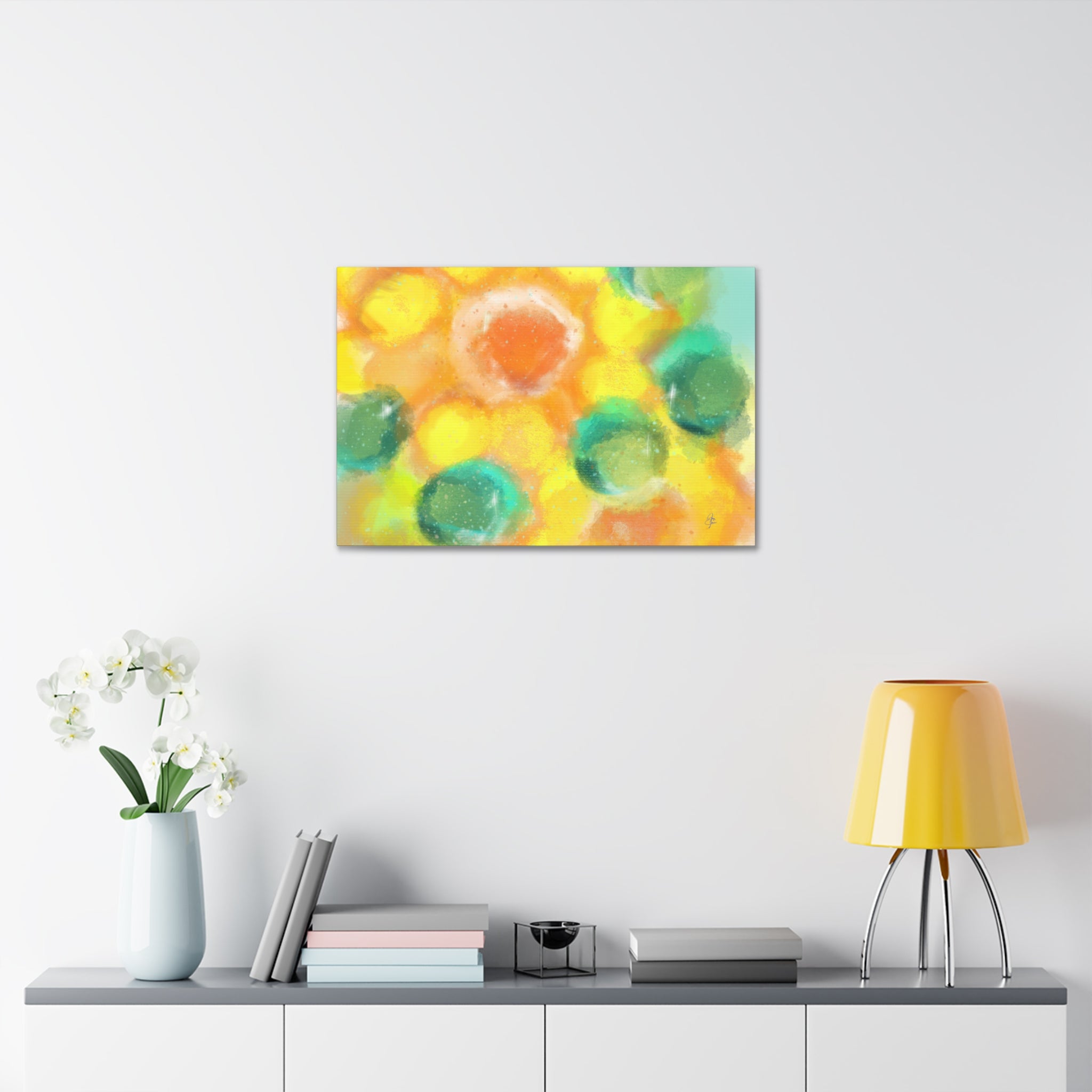 Abstract Sunshine Circles Canvas Art – Vibrant Yellow & Teal Stretched Wall Decor