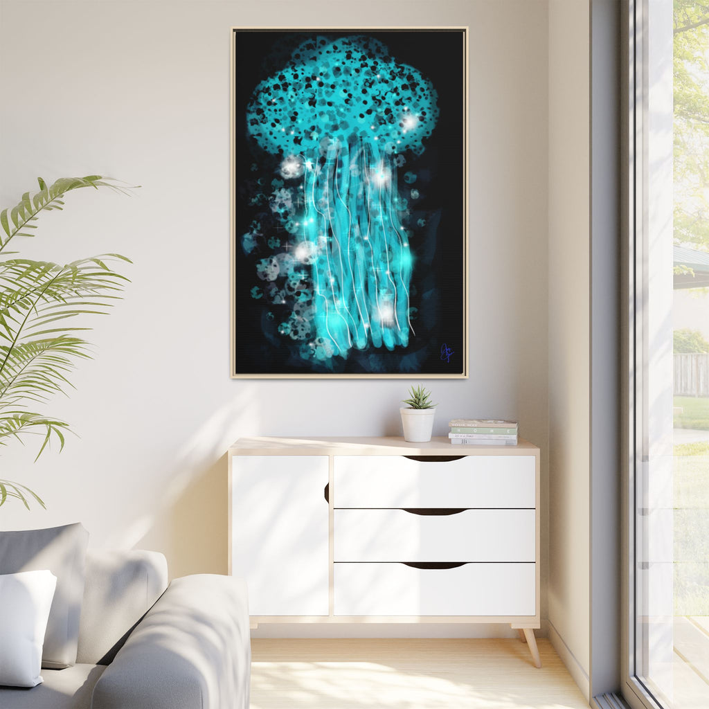 Glowing Jellyfish Art Print — Framed Matte Canvas