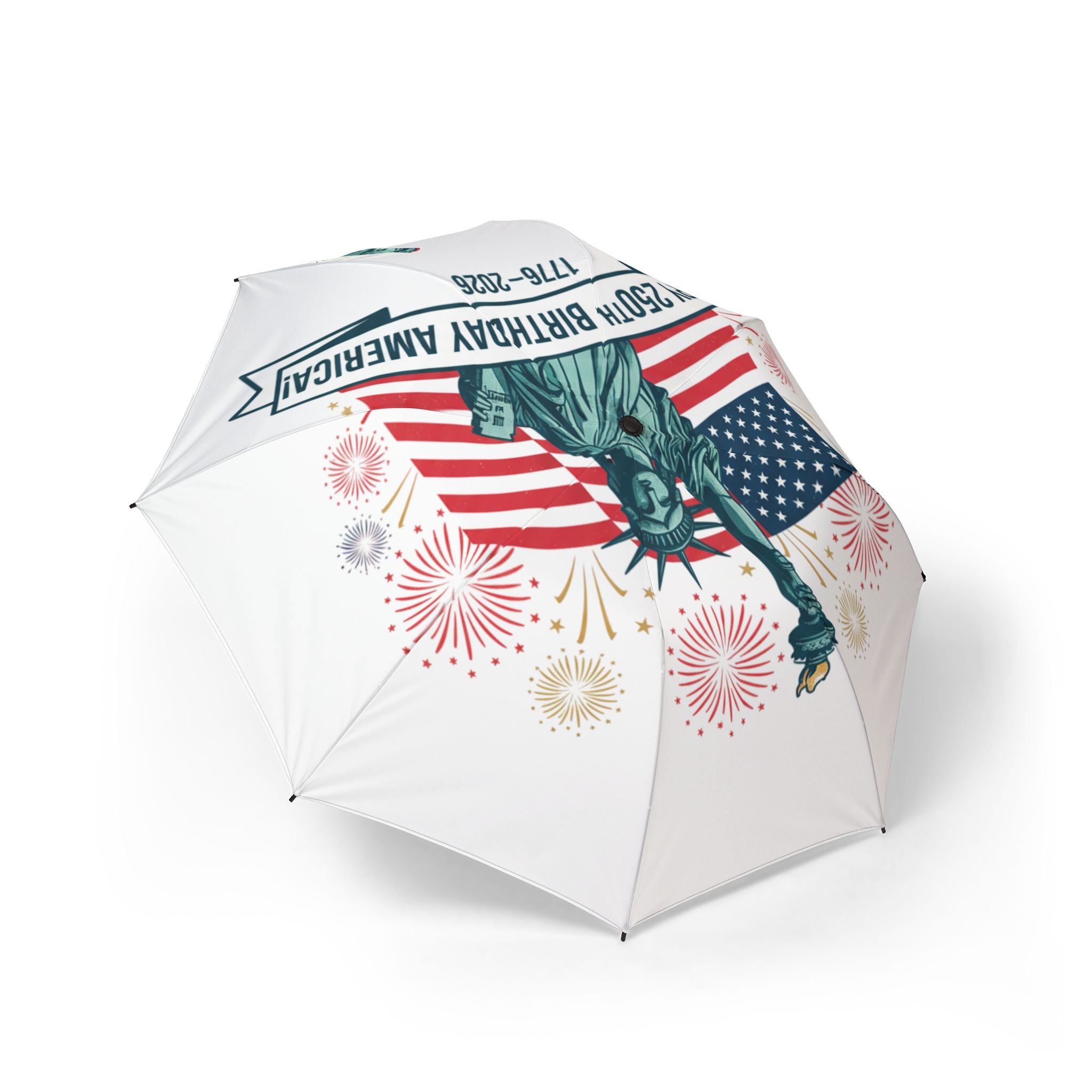 Patriotic Statue of Liberty Foldable Umbrella — 4th of July Fireworks & American Flag Design
