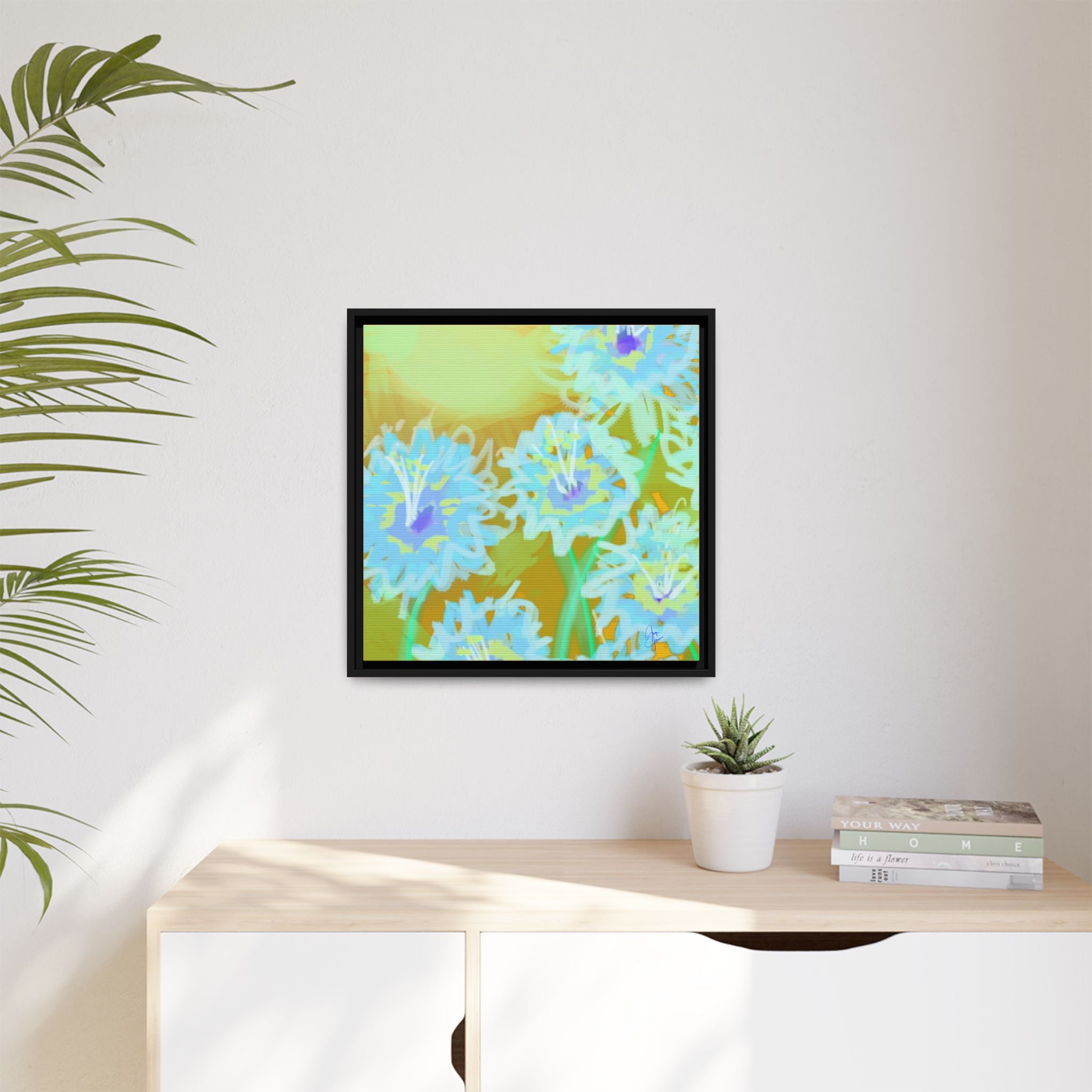 Framed Floral Canvas Art — Blue & Yellow Abstract Bouquet (Matte)