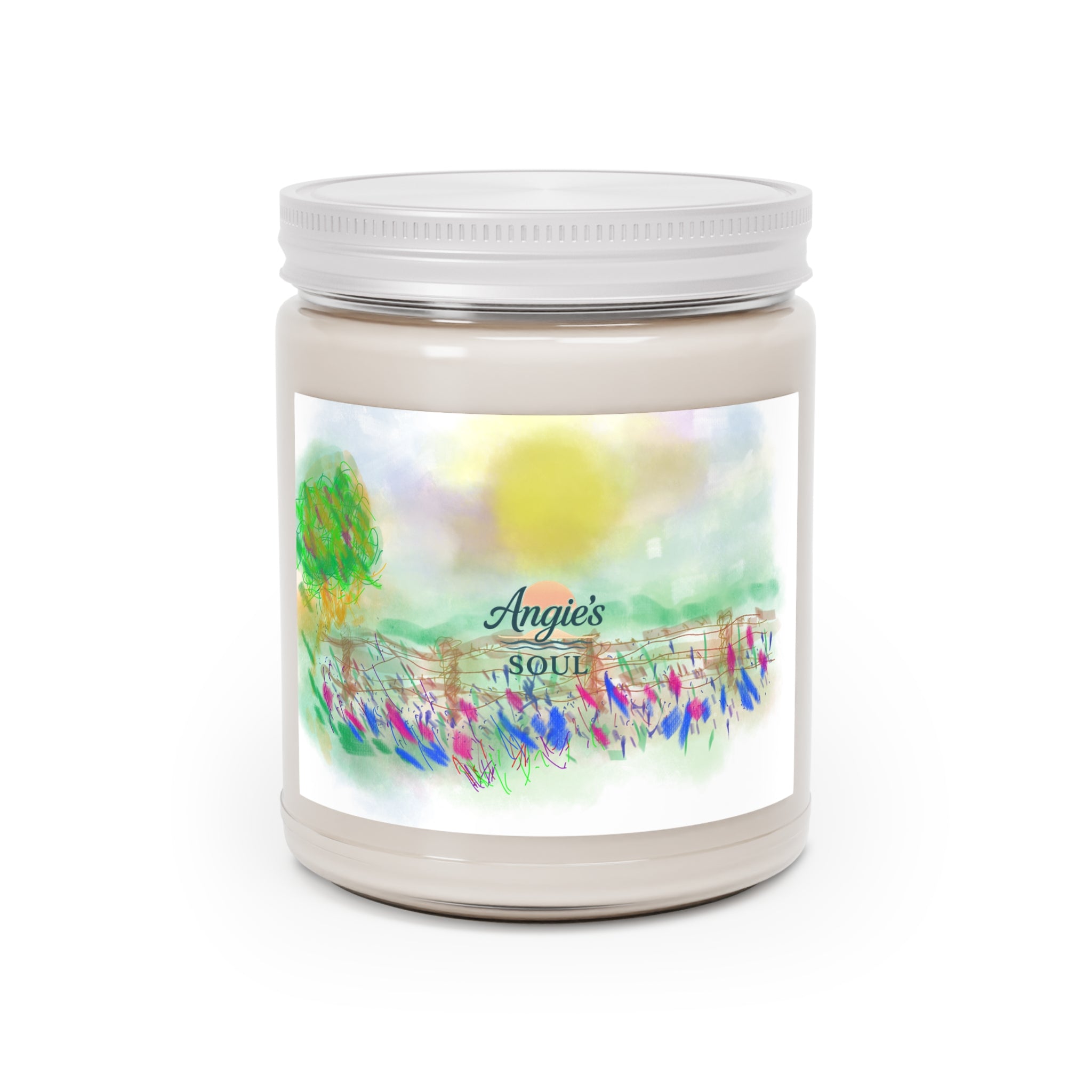 Angie’s Soul 9oz Soy Candle — Floral Meadow Scented Jar with White Lid