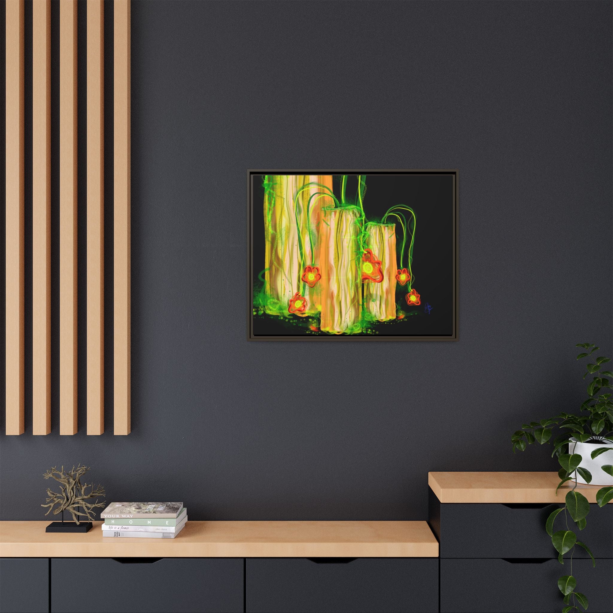 Framed Matte Canvas Print — Neon Floral Candlelight Art