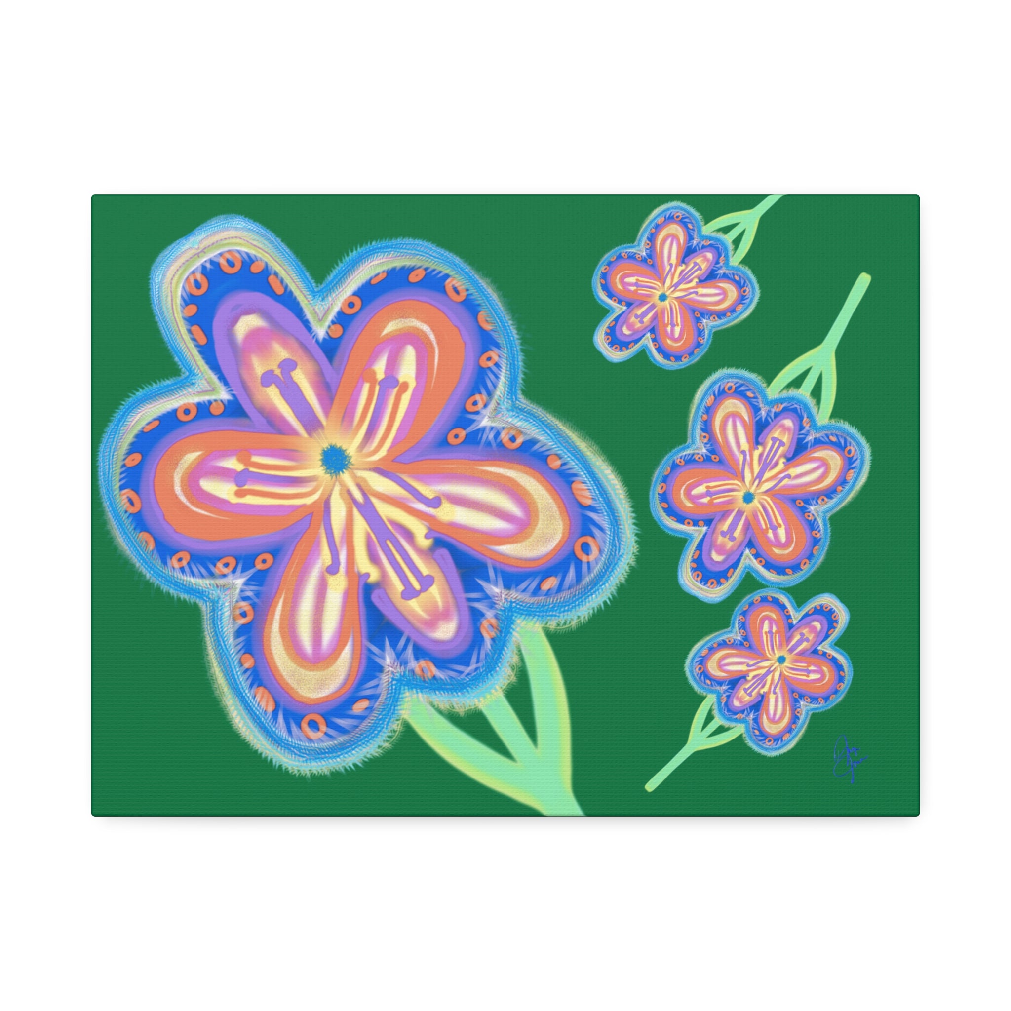 Floral Pop Canvas — Bright Blue Hand-Drawn Flowers Stretched Canvas