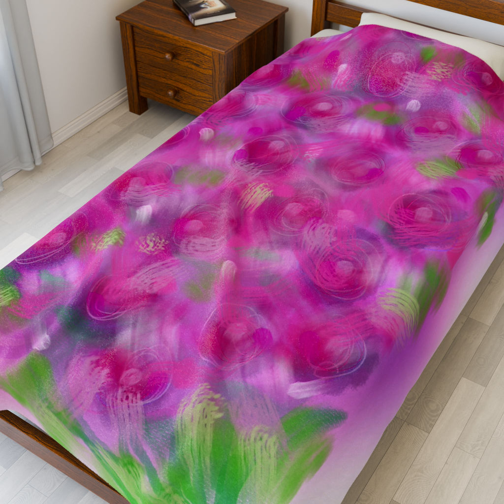 Velveteen Plush Blanket — Pink Rose Garden Floral Throw