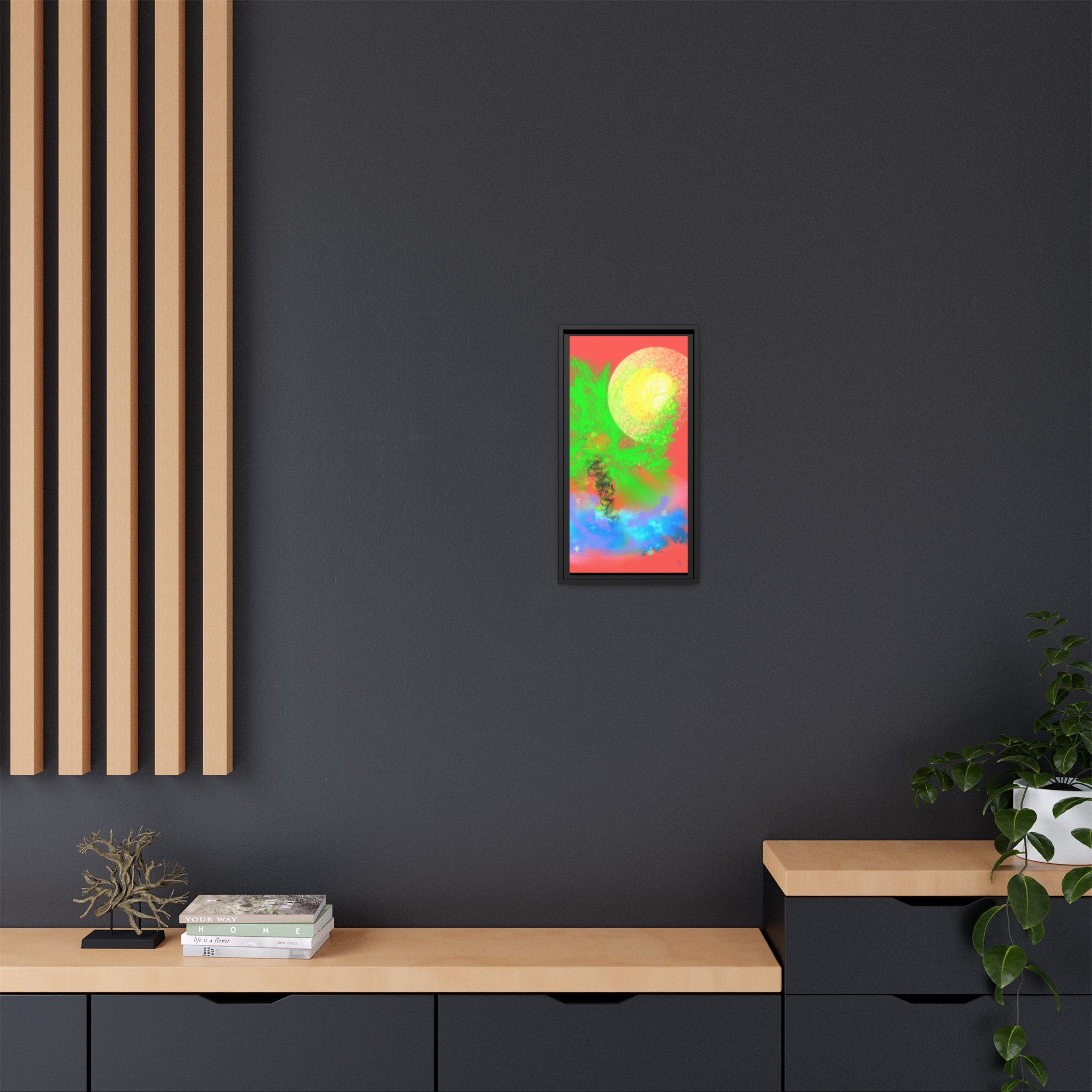 Abstract Neon Tree Matte Canvas Framed Art — Vibrant Green Moon Landscape