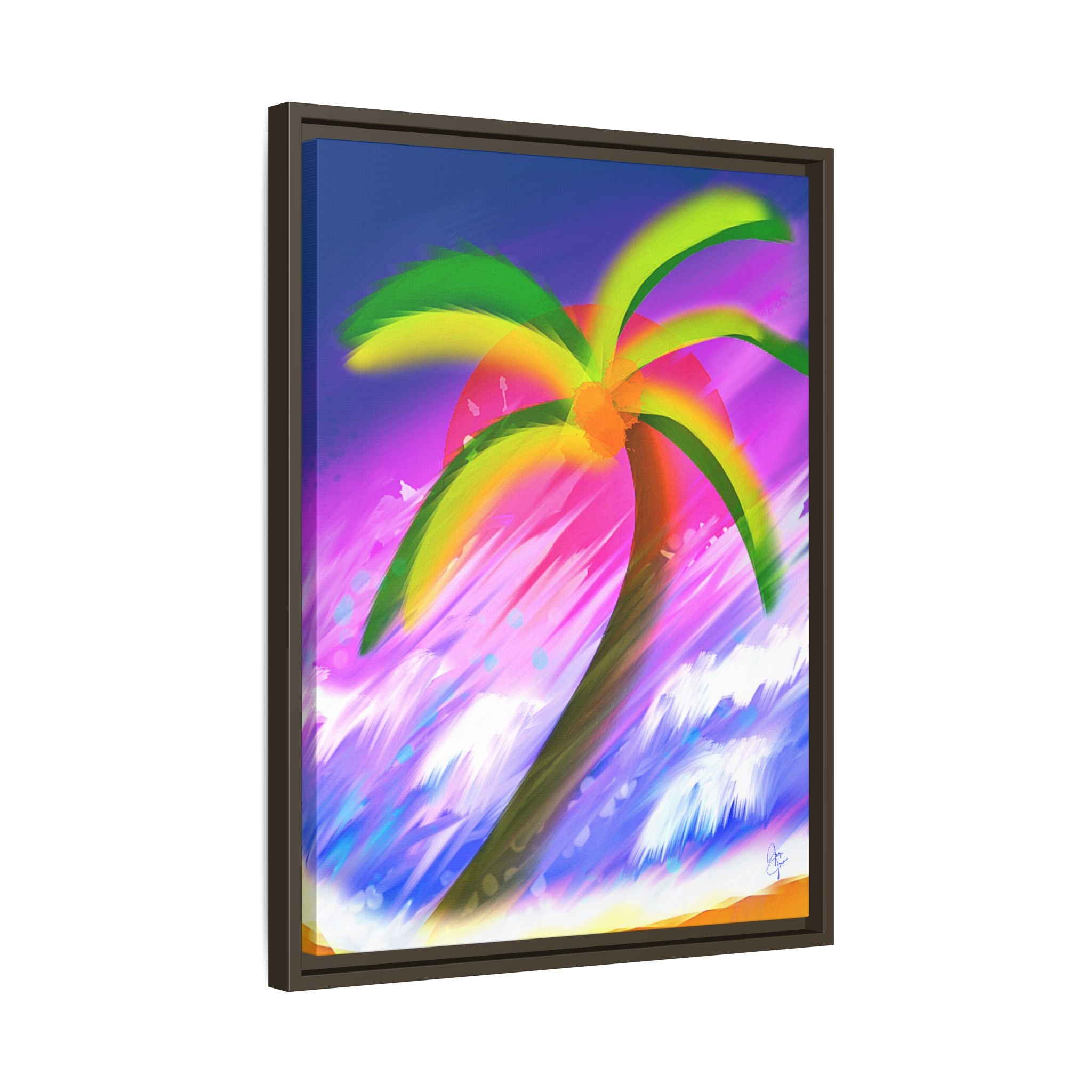 Framed Matte Canvas Print — Neon Palm Beach Art