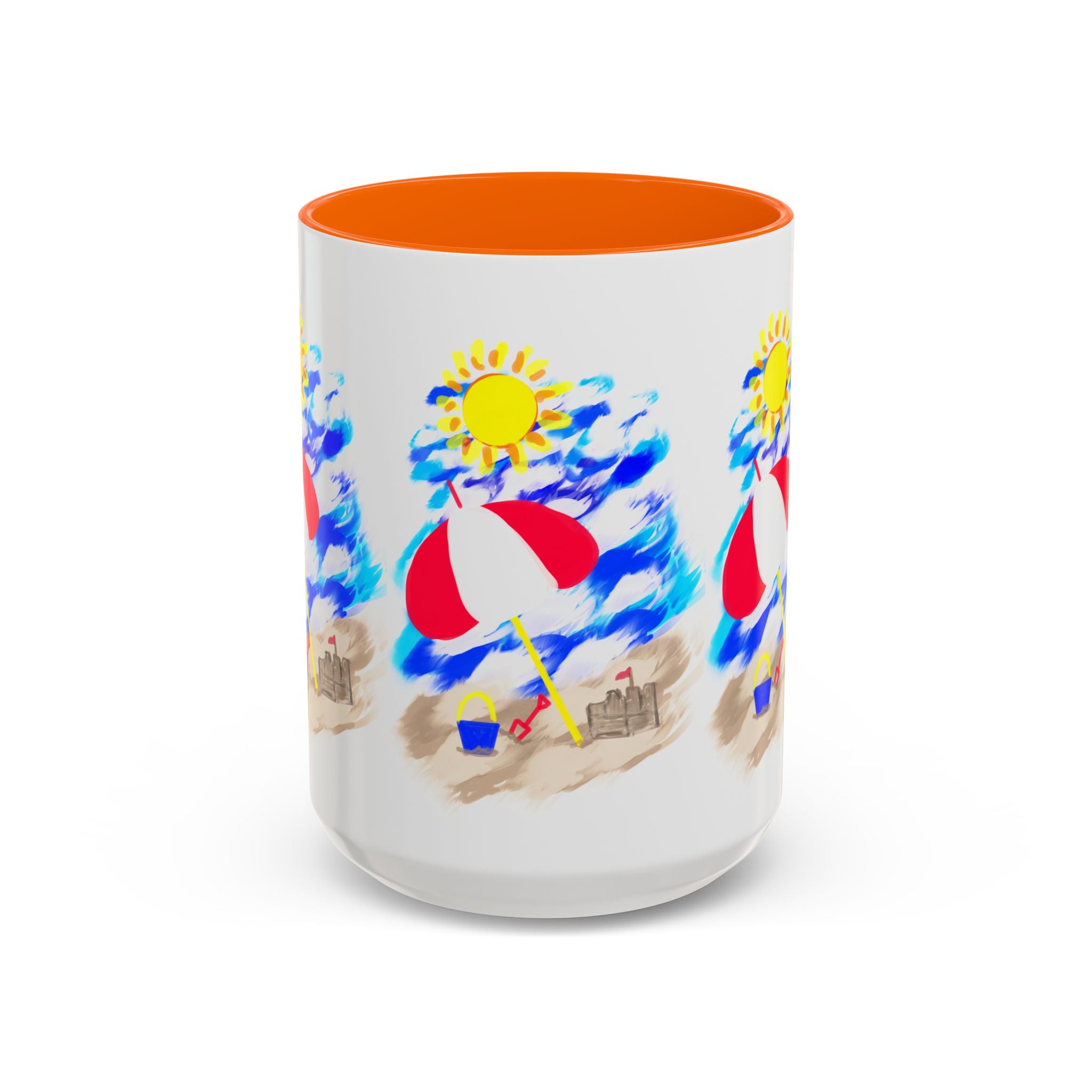 Beach Scene Coffee Mug – Summer Umbrella, Sun & Sandcastle Accent Mug