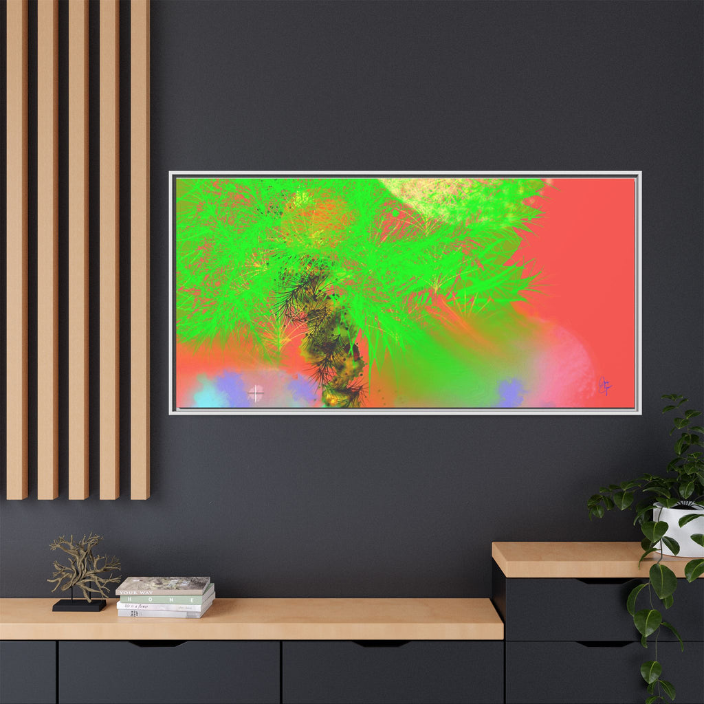 Abstract Neon Tree Matte Canvas Framed Art — Vibrant Green Moon Landscape