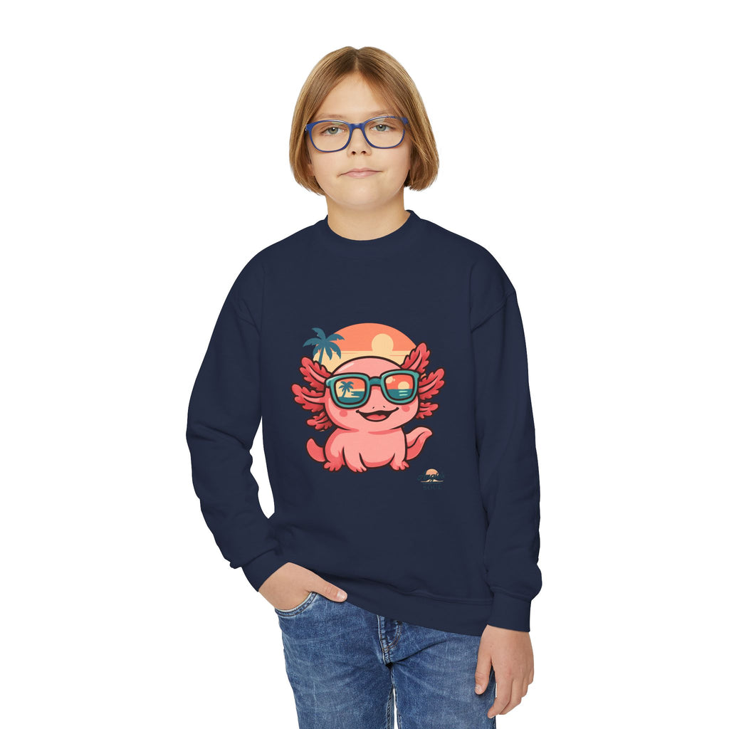 Axolotl Crewneck Sweatshirt — Cute Pink Axolotl with Sunglasses & Sunset