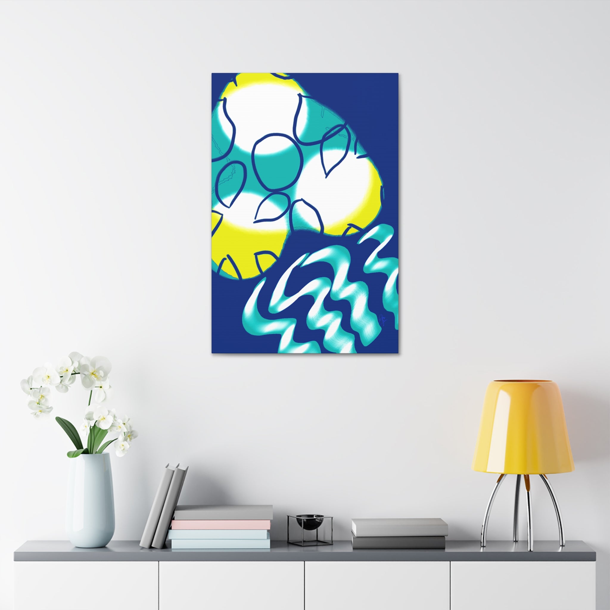 Abstract Ocean Waves Jellyfish Canvas Art — Blue & Teal Modern Wall Decor, Stretched 1.5"