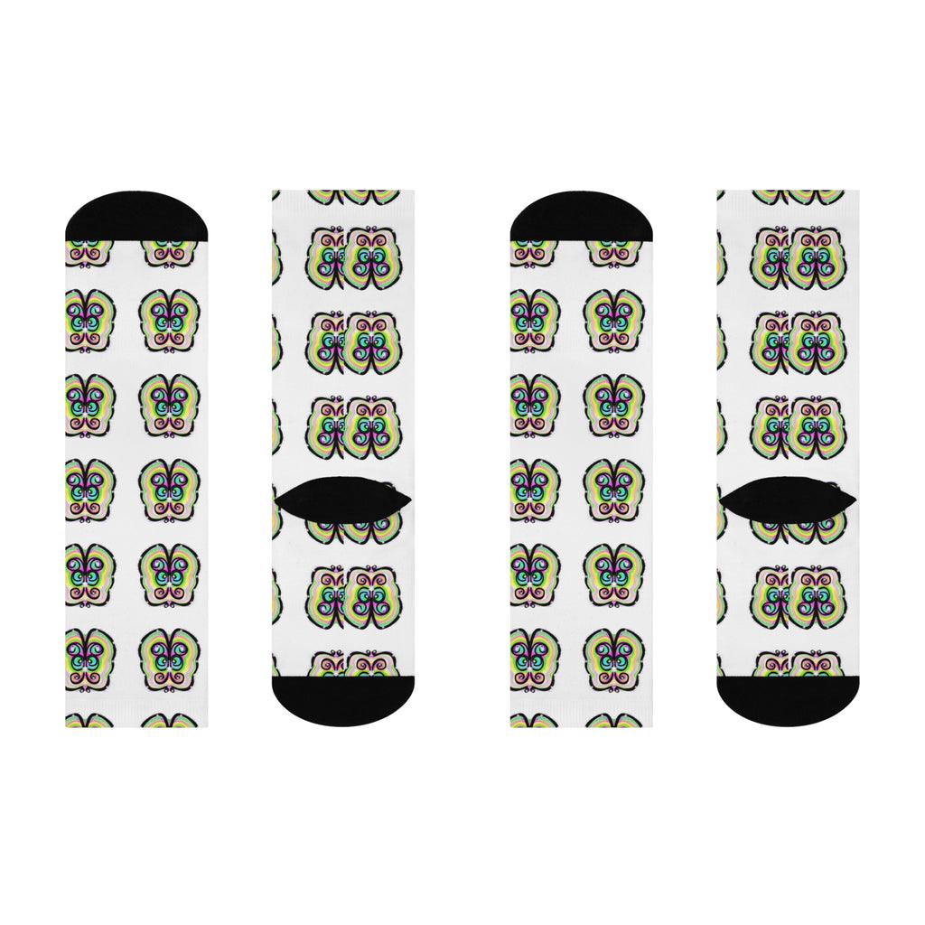 Butterfly Pattern Cushioned Crew Socks — Colorful Retro Floral Design