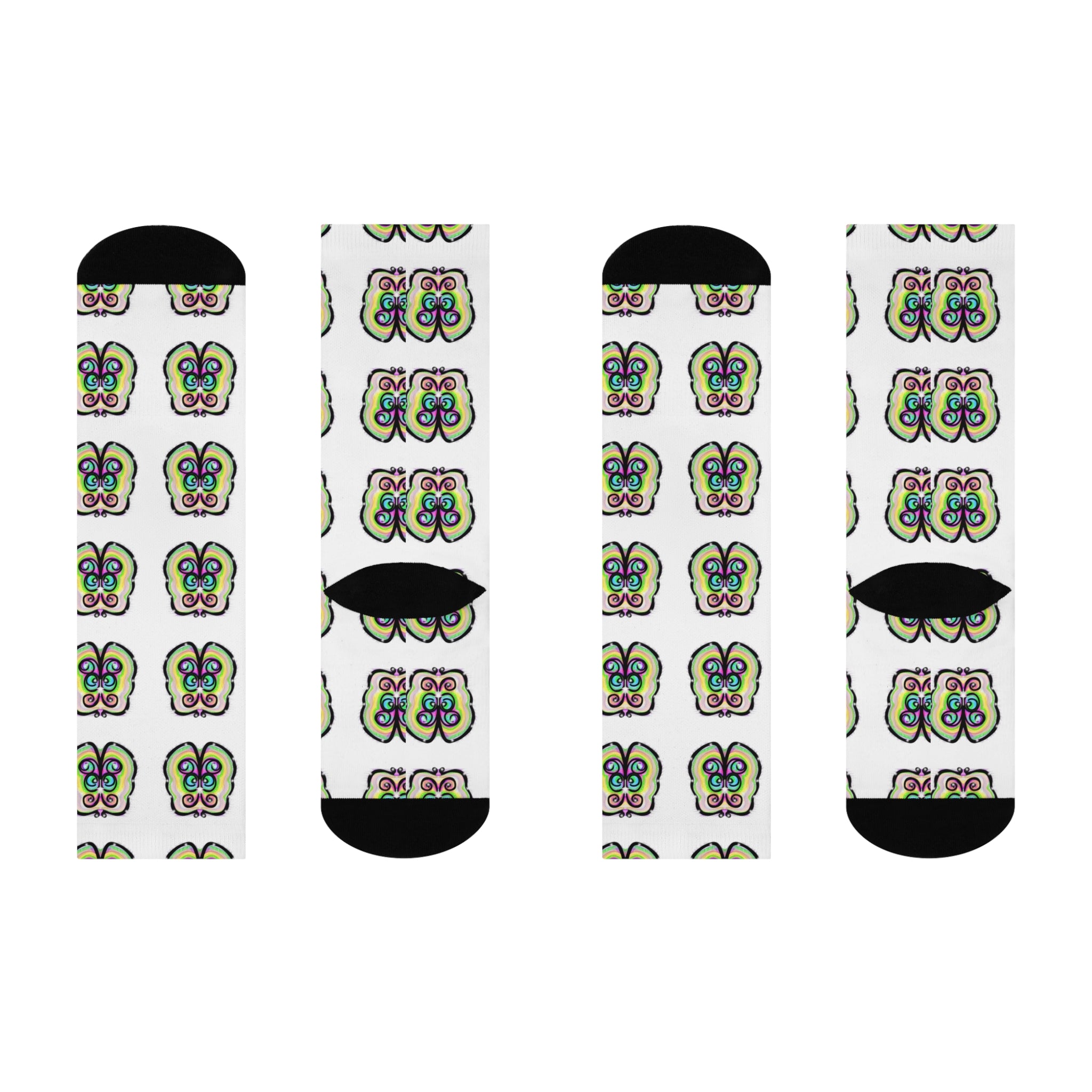 Butterfly Pattern Cushioned Crew Socks — Colorful Retro Floral Design