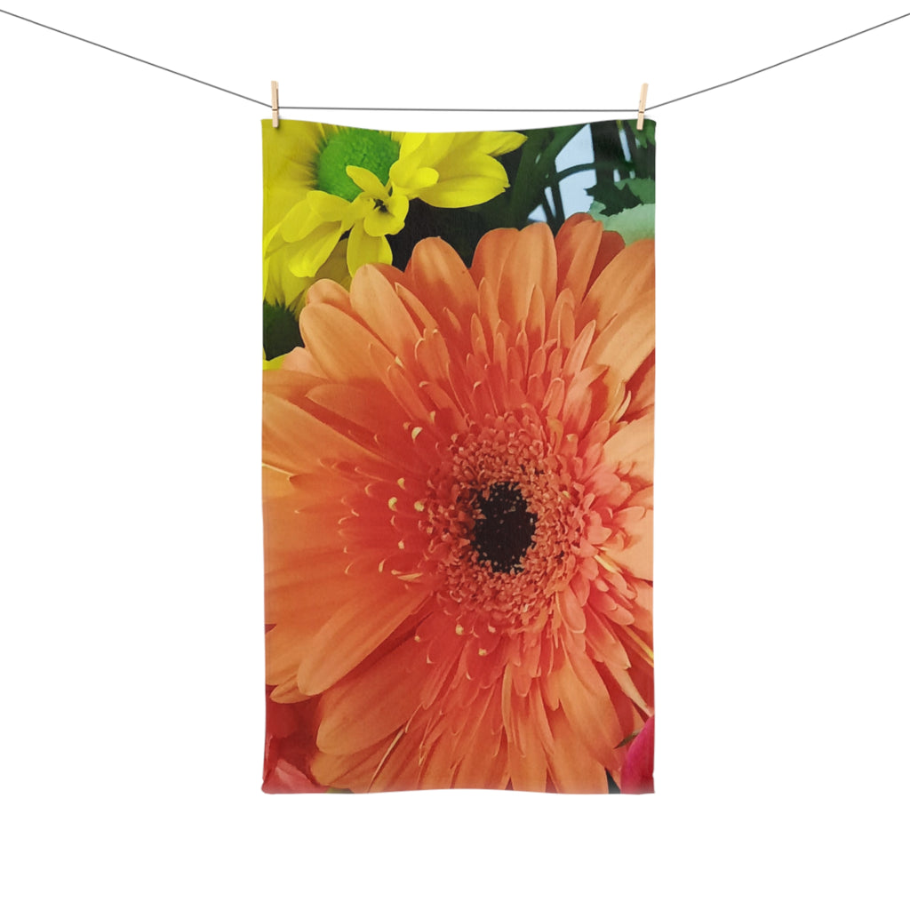 Gerbera Daisy Hand Towel — Bright Orange Floral Kitchen or Bath Accent