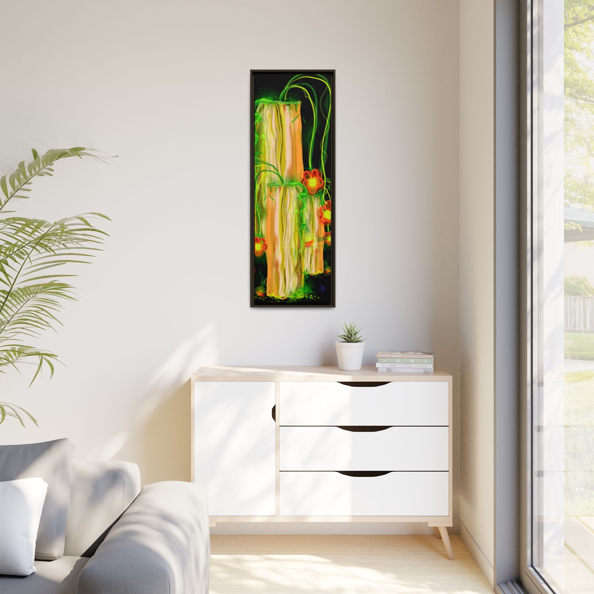 Framed Matte Canvas Print — Neon Floral Candlelight Art