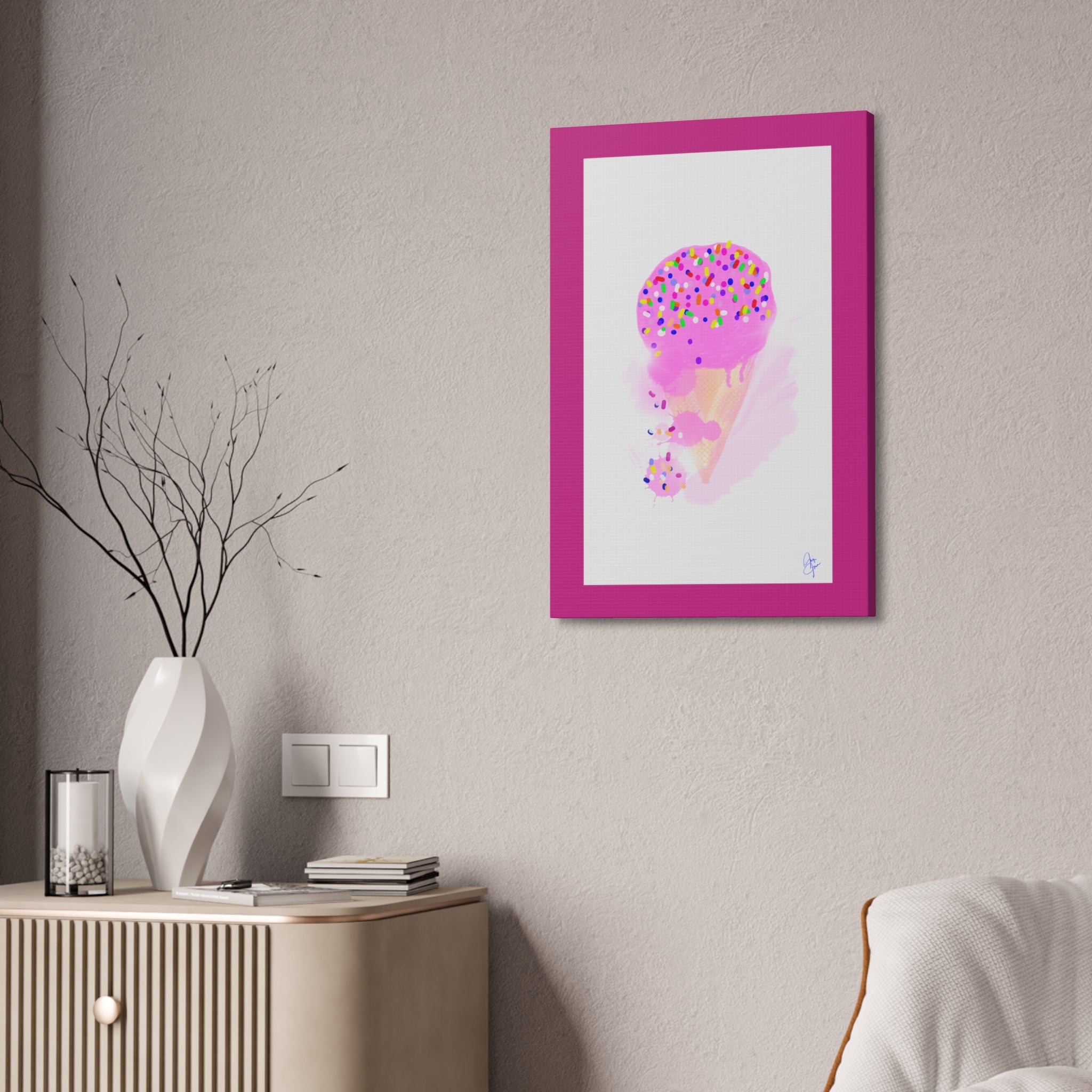 Pink Sprinkle Ice Cream Cone Canvas Print — Cute Pastel Wall Art