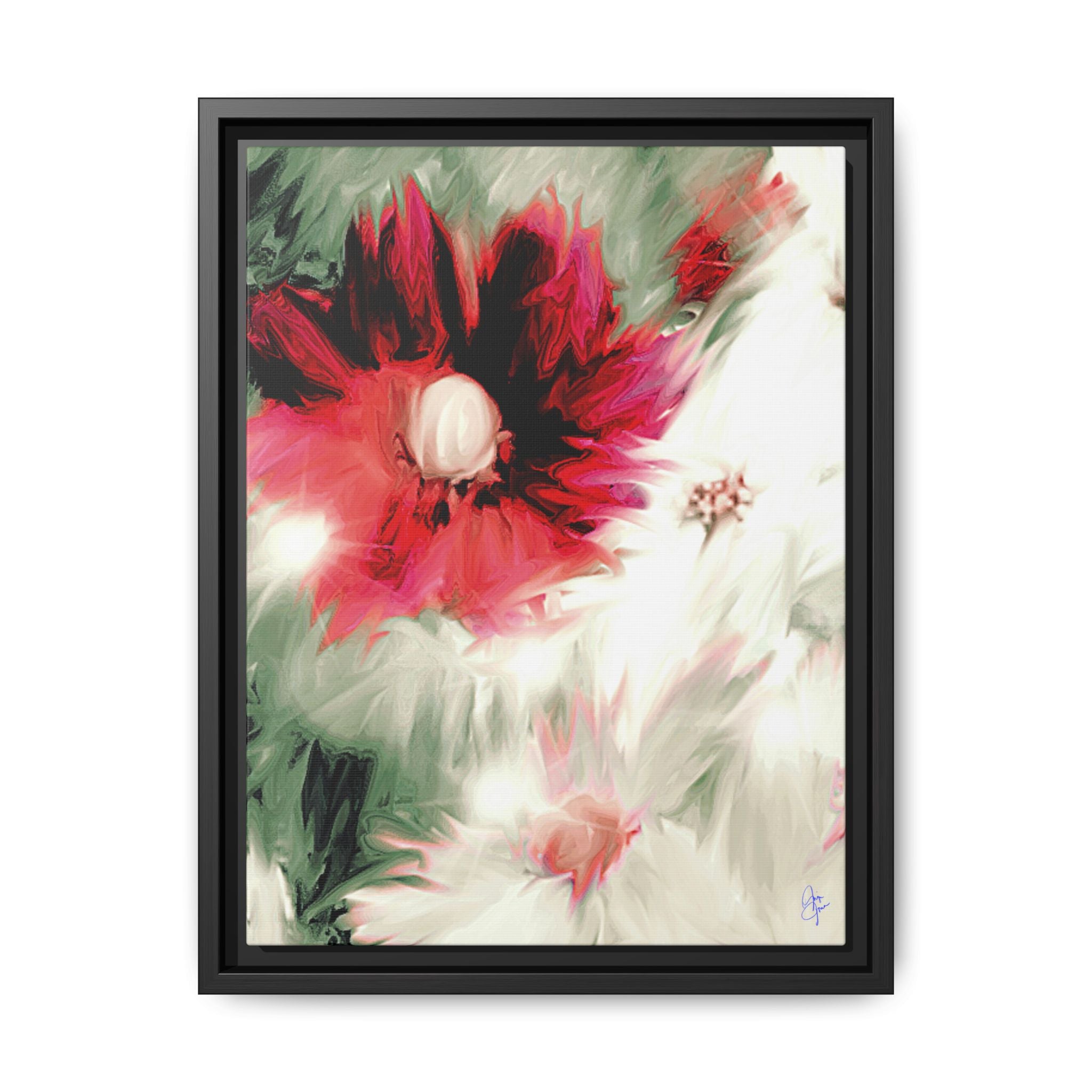 Framed Matte Canvas Print — Blurred Red & White Floral Art