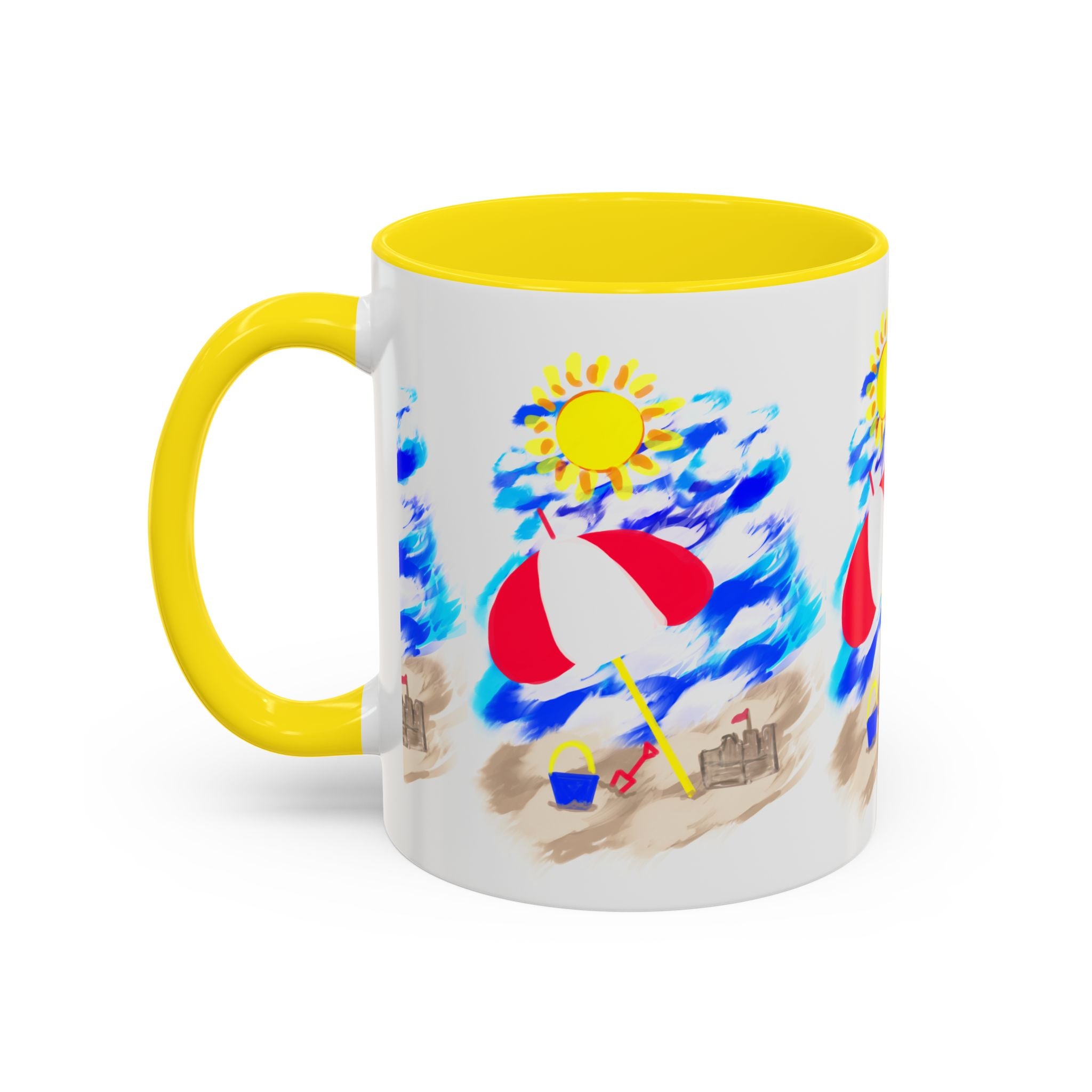 Beach Scene Coffee Mug – Summer Umbrella, Sun & Sandcastle Accent Mug