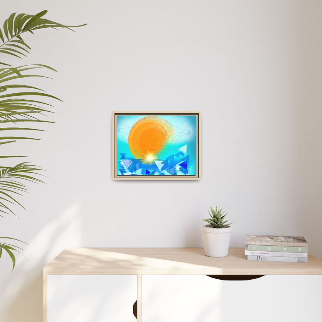 Abstract Sunrise Framed Canvas Art – Orange Sun Over Blue Geometric Waves