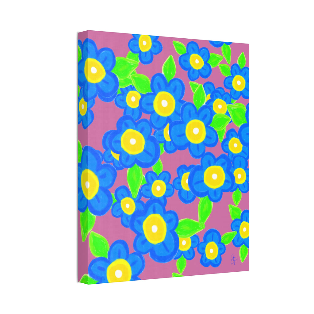 Blue Floral Canvas Wall Art — Bright Hand-Drawn Flowers on Mustard Background