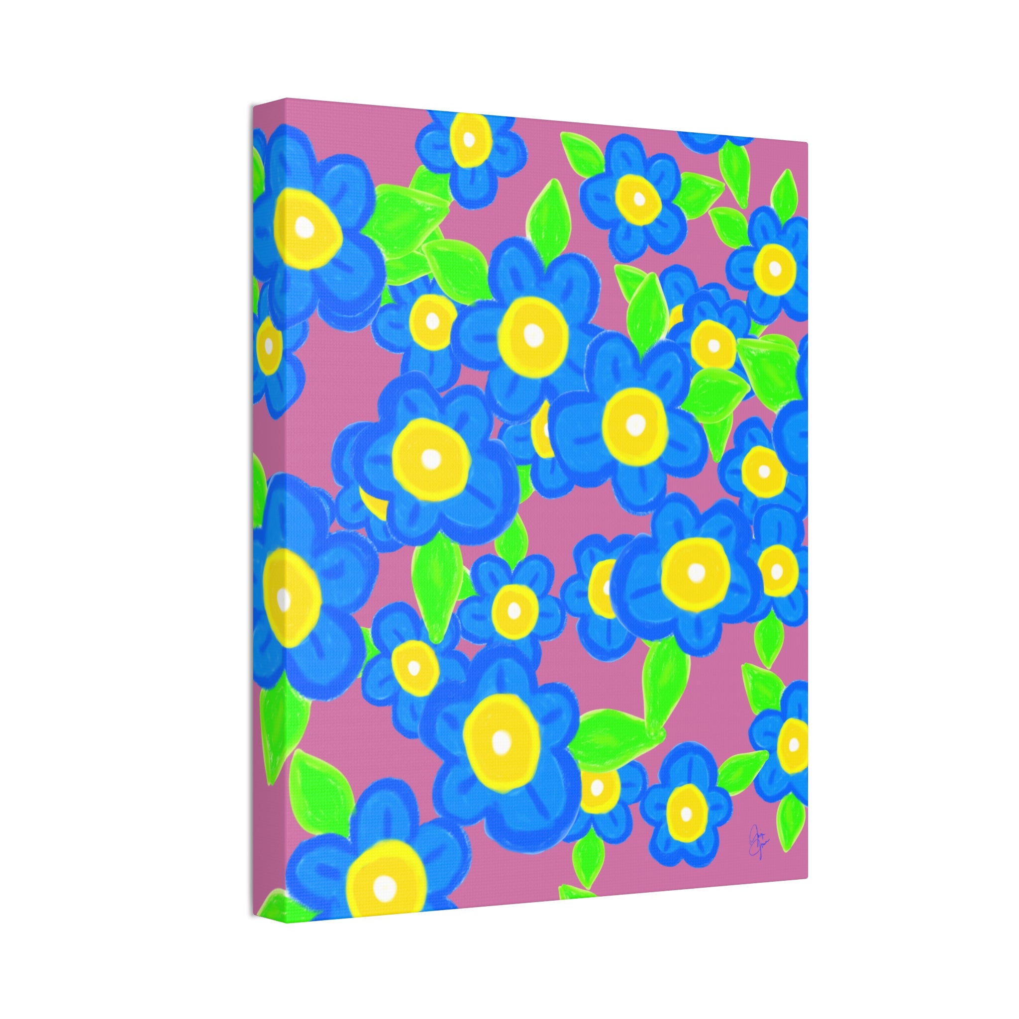 Blue Floral Canvas Wall Art — Bright Hand-Drawn Flowers on Mustard Background