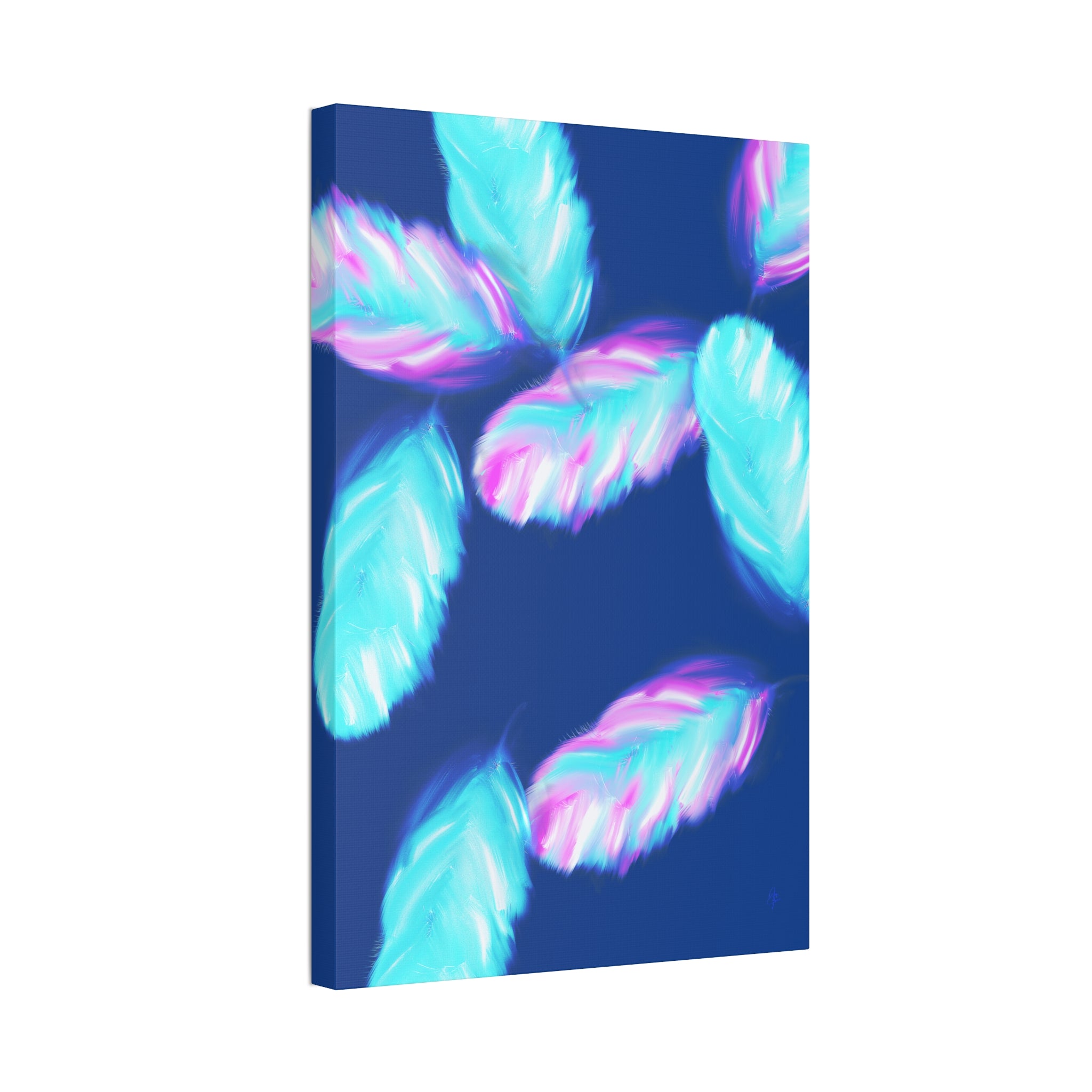 Abstract Neon Feathers Canvas Print — Turquoise & Pink Stretched Wall Art