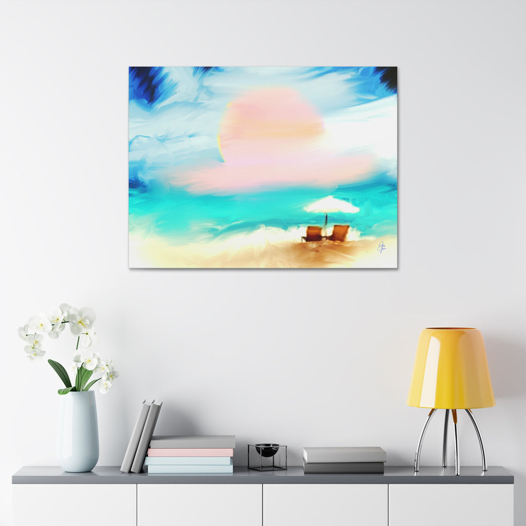 Beach Sunset Canvas Wall Art — Tropical Chairs & Umbrella Stretched Canvas