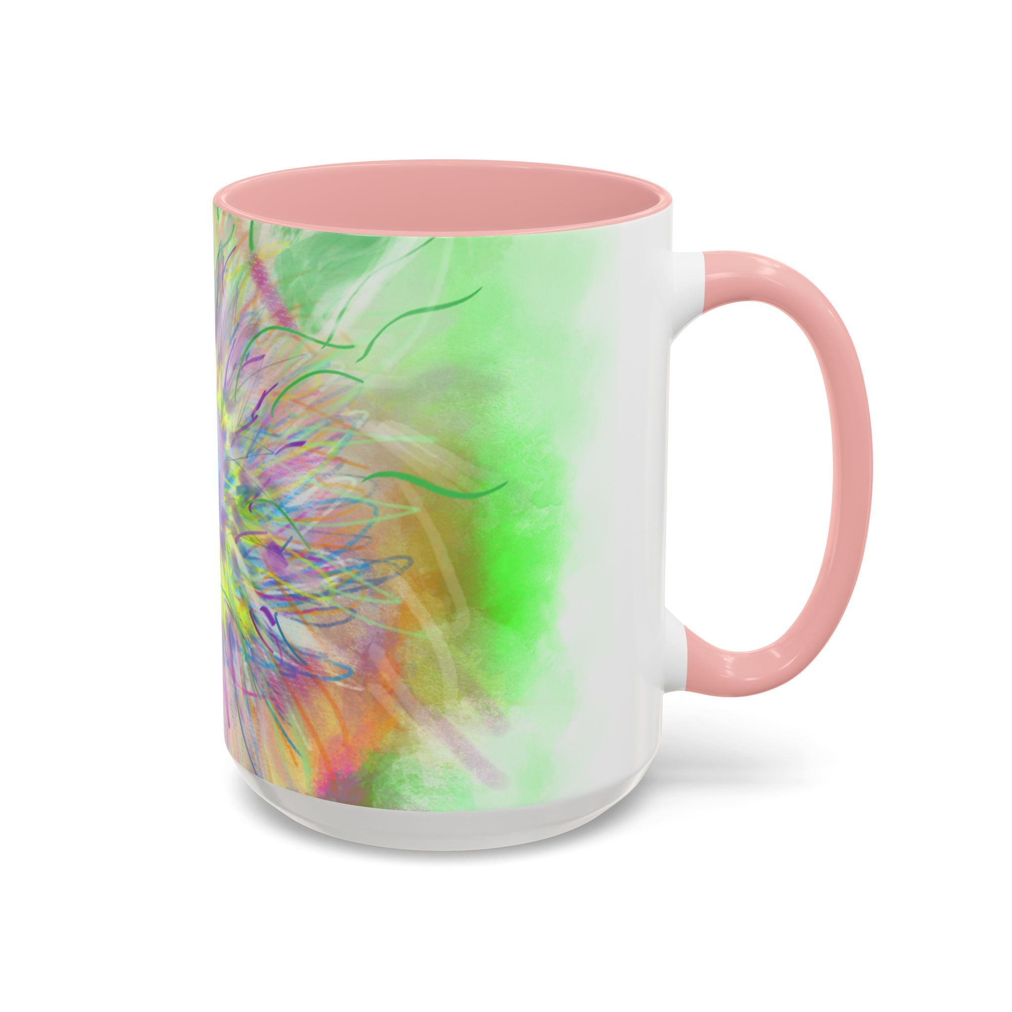 Colorful Sunflower Accent Coffee Mug — Pink Inner Artistic Floral Design (11/15 oz)