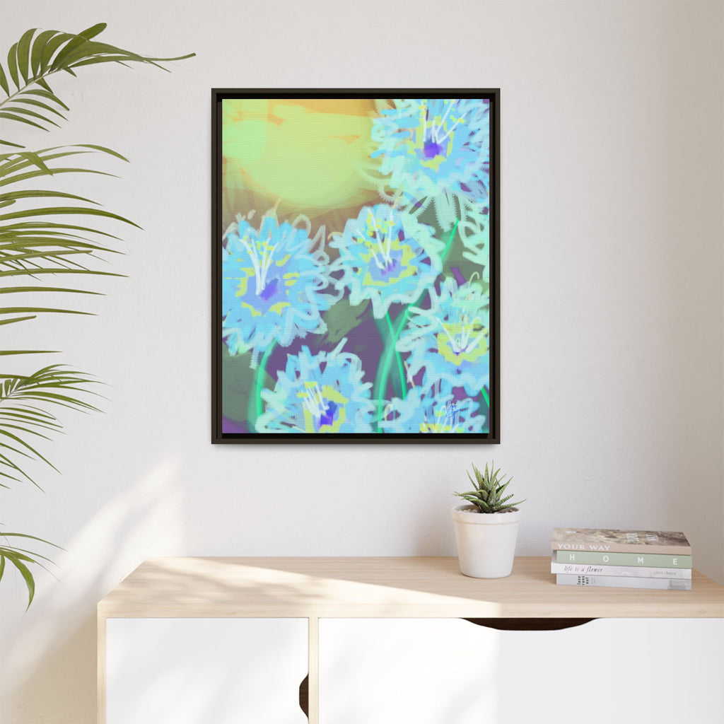 Framed Floral Canvas Art — Blue & Yellow Abstract Bouquet (Matte)