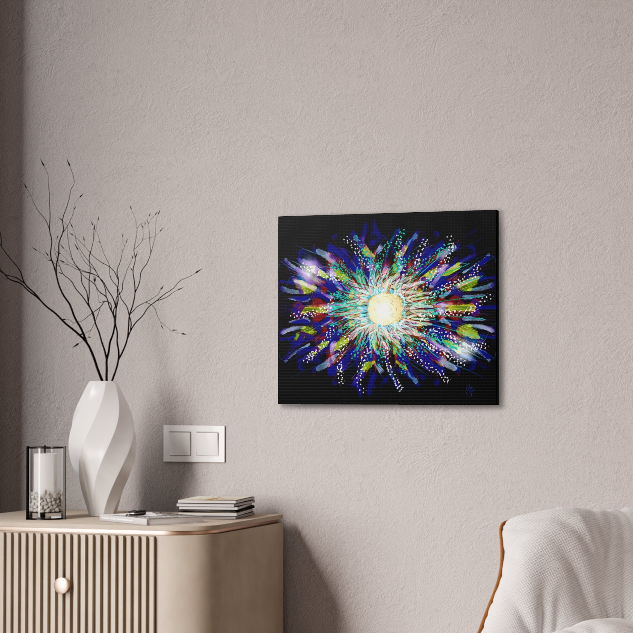 Abstract Cosmic Burst Canvas Wall Art — Colorful Sunflower Explosion on Black